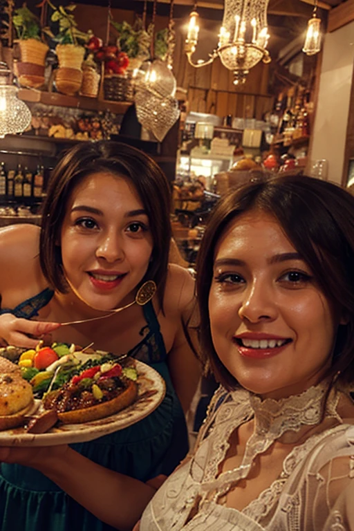 Mulher de 20 anos , pele oliva, cabelos castanho claro sedosos , olhos mel, em restaurante caro