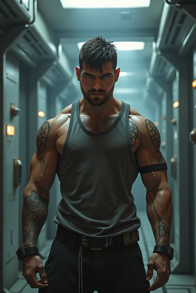 "Create a photorealistic illustration of a dark-skinned man in a dangerous situation in an underground location.
The man has strong, angular features, with tanned skin and short dark hair. His blue eyes convey an expression of alert and concern. His body is muscular and athletic, and he firmly holds a firearm with firm, ready hands. In addition to wearing dark clothes.
He is in a dark, underground environment, possibly a tunnel. Stone or concrete walls create a feeling of confinement and isolation. The lighting is dim and shadowy, casting unsettling shadows across the character's tense face.
The composition of the scene should create a feeling of imminent danger, with the character in an alert position, ready to react to an unknown threat. The lighting and color palette should convey an oppressive and threatening atmosphere, accentuating the tension of the situation.
Through facial expression, body posture and hostile environment, the illustration must convey a sense of vulnerability, adrenaline and the urgent need for survival. Realistic details, such as the texture of the weapons and the determined expression of the character, should reinforce the authenticity of the scene."