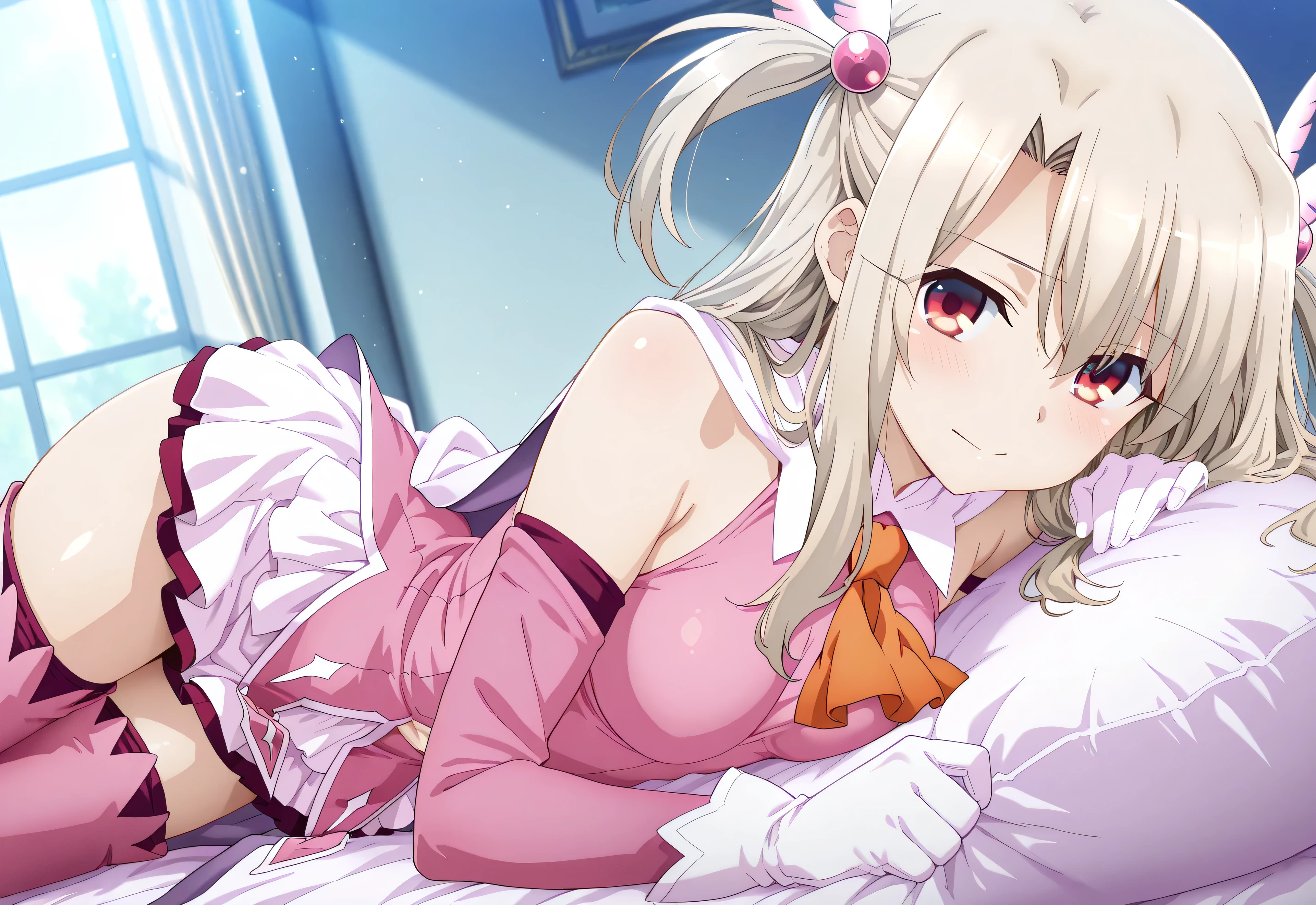 best quality, masterpiece, Super detailed,High resolution,Extremely detailed CG,1girl,illyasviel von einzbern, long hair, blonde hair, two side up, hair ornament, red eyes, bare shoulders, magical girl, cape, orange ascot, pink shirt, sleeveless, detached sleeves, white gloves, white skirt, pink thighhighs,medium breasts