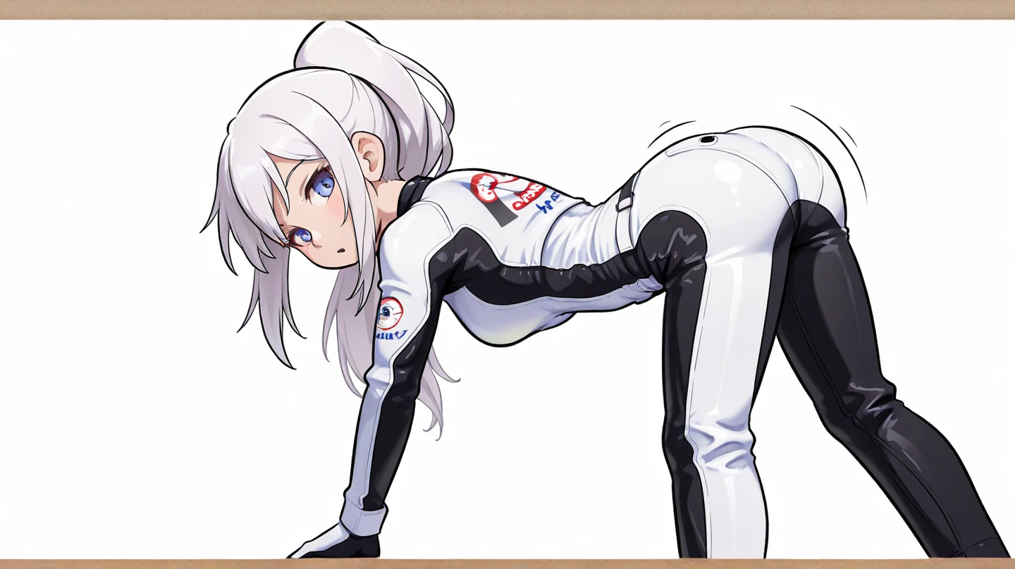 Screenshot my hero academy. Girl with gray hair up to the middle of her back, straight on top and wavy on the rest, wear the UA uniform, light skin color, Color eyes, nice body with curves.