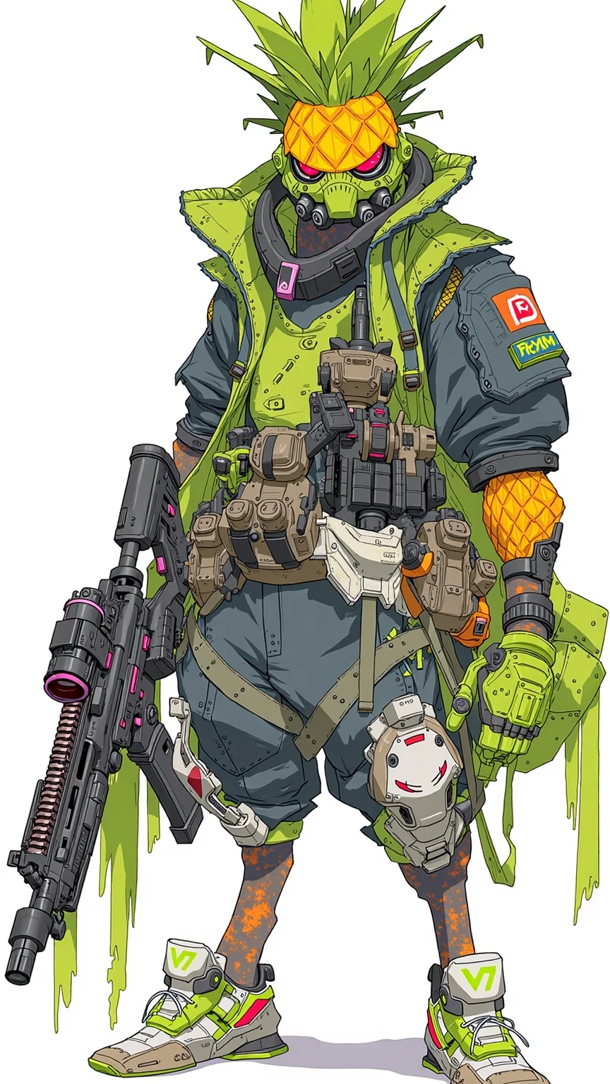 humanoid dragonfruit as a ruthless mercenary, tactical gear techwear, modern assault rifle, vibrant, cartoon style