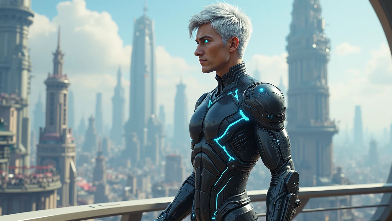 a man in a futuristic outfit, speaking to several people, in a ruined city, devastated, at night, dirty, poor, destroyed without light, --auto --s2