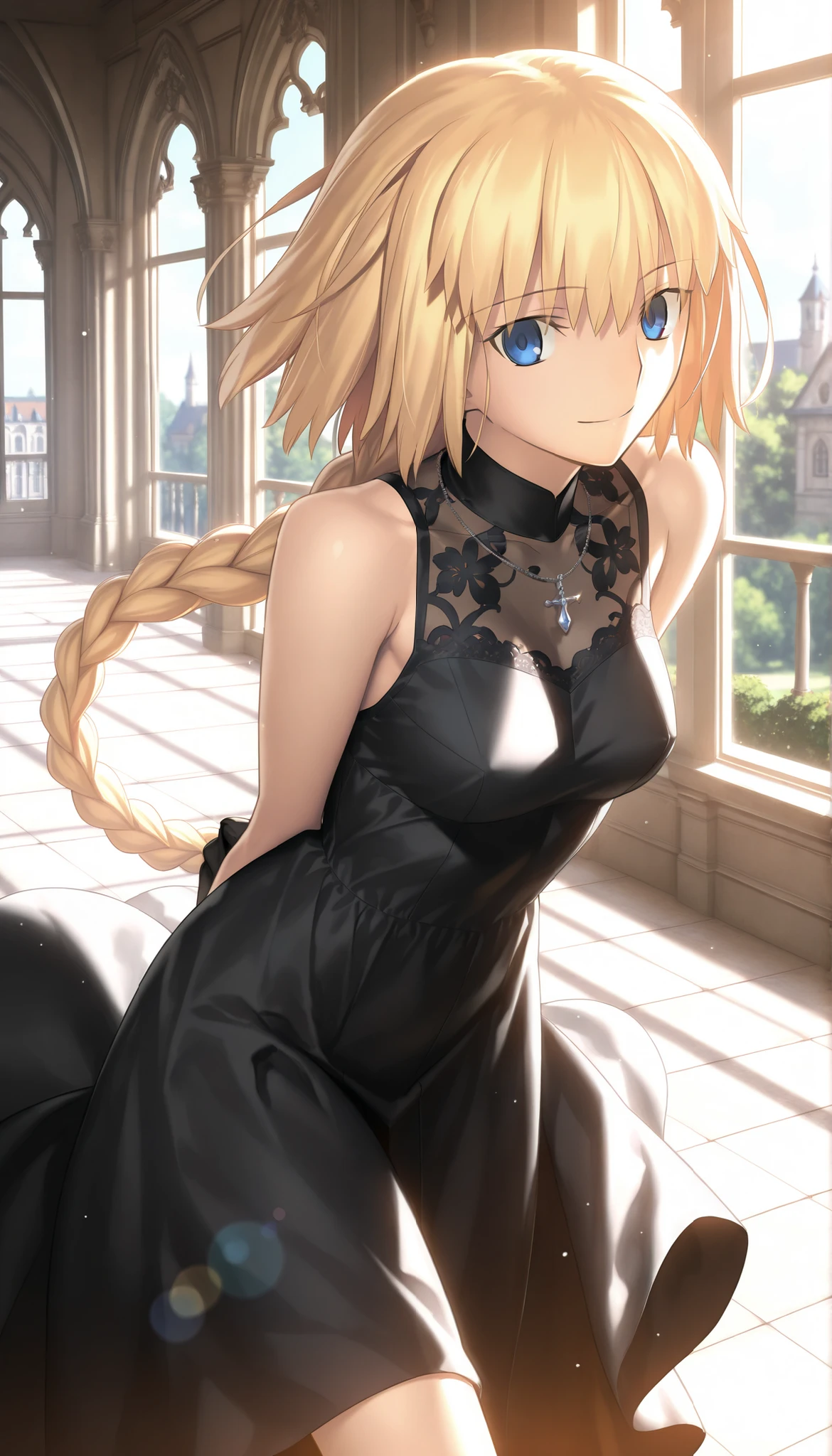 masterpiece, , absurdres, highres, detailed background, high resolution, masterpiece, necessary, detail, best quality, quality, necessary, details, High details, Precise, indoors, (dappled sunlight), european architecture, day, lens flare, blurry background, from above, ,solo,
1girl, , Takeuchi Takashi (type-moon,tsukihime) style, takeuchi takashi style, ((leaning forward, arms behind back)), light smile ,necklace,
tall girl, mature, jeanne d arc, \(fgo\), blue eyes, , jeanne d arc, blonde hair, medium hair, ( floating hair ), (black lace dress), big braid, single braid, small breasts, looking at viewer, bare thigh ,