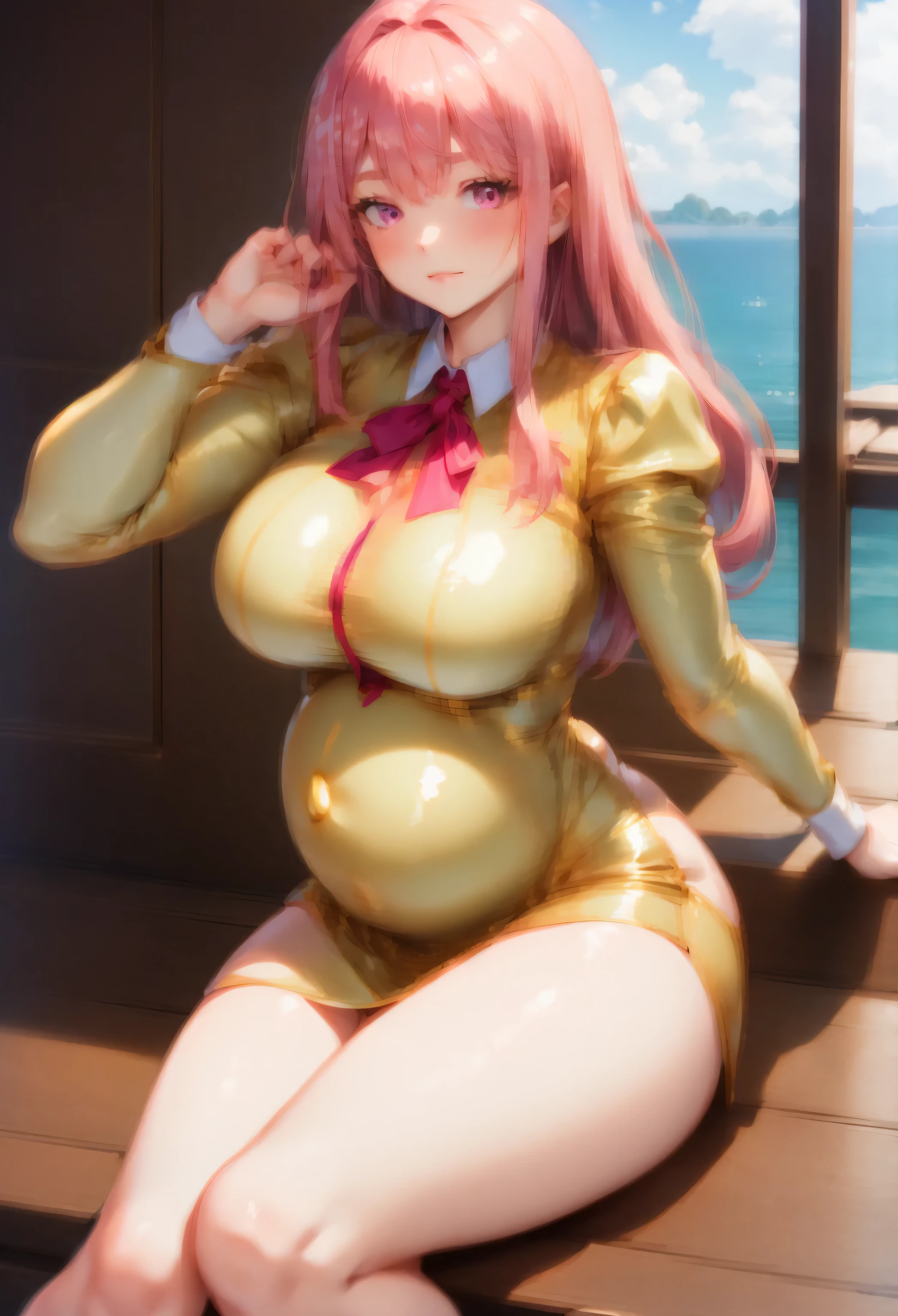 high quality, extremely detailed, yacht deck, 1 girl, (gold delmo uniform, jacket, tight gold miniskirt), white stripes, extremely glossy latex, large breasts, puffy sleeves, pink hair, long hair, pregnant
