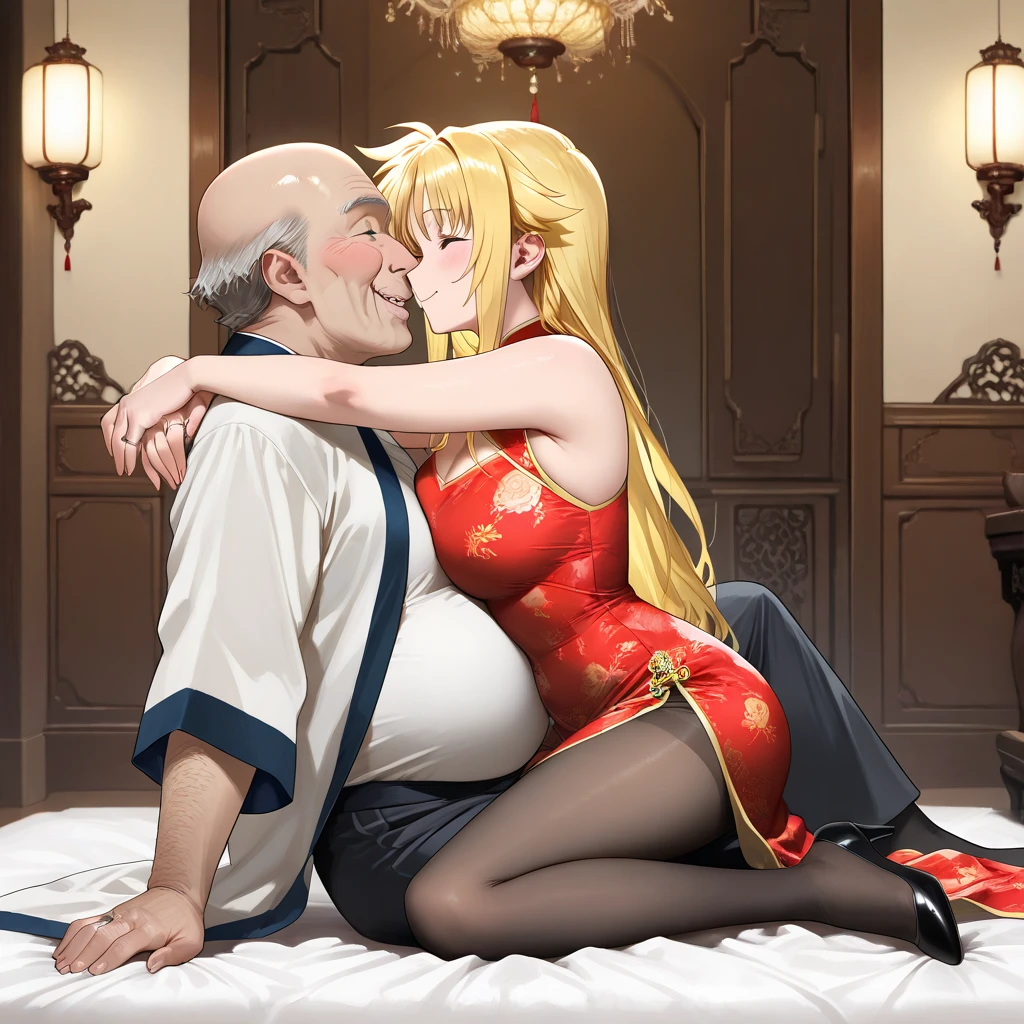 ((Highest quality)), ((masterpiece)), (detailed), (Perfect Face)、The woman is a Mongolian woman named Tsukino Usagi, and is wearing a gorgeous and colorful Mongolian national dress, Dale, in a Mongolian mansion, with gorgeous jeweled accessories and an engagement ring. The woman and the man are sitting on a gorgeous, large sofa in the luxurious room, and the woman is passionately embracing and passionately kissing a dignified, bearded middle-aged Mongolian man wearing a Mongolian national dress, making passionate love as a married couple.、The woman is the elegant Tsukino Usagi, with her long blonde hair in a chignon twin tail, and wearing the colorful Mongolian national costume, the Mongolian Tsukino Usagi.、The man is a dignified, sturdy, bearded Mongolian man wearing Mongolian national dress.