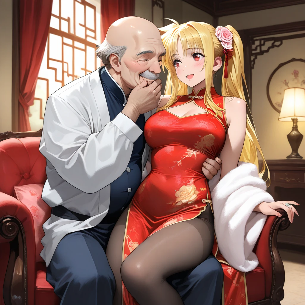 ((Highest quality)), ((masterpiece)), (detailed), (Perfect Face)、The woman is a Mongolian woman named Tsukino Usagi, and is wearing a gorgeous and colorful Mongolian national dress called Dale in a Mongolian mansion, with gorgeous jeweled accessories and an engagement ring. The woman and the man are sitting on a gorgeous, large sofa in the luxurious room, and the woman is being embraced by a dignified, bearded, middle-aged Mongolian man wearing a Mongolian national dress, who is touching her breasts and groin and kissing her.、The woman is the elegant Tsukino Usagi, with her long blonde hair in a chignon twin tail, and wearing the colorful Mongolian national costume, the Mongolian Tsukino Usagi.、the woman is pregnant