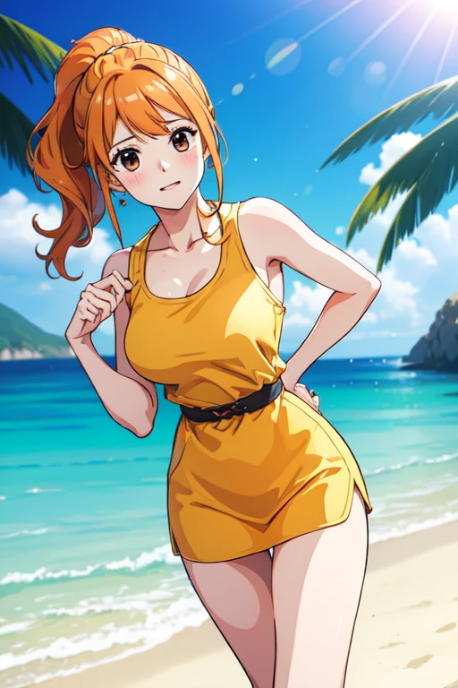 master part, best quality, sozinho, 1girl, orange hair, cabelos azuis, :d, vestido laranja, Olhando para o Viewer, ao ar livre, areia, areia dunes, Castelo enorme, coroa, Standing, corpo inteiro, cowboy shot, Hands on hips, princesa daisy