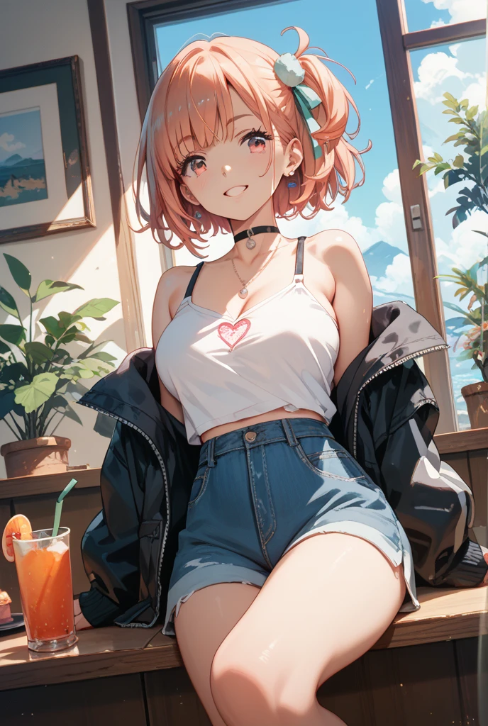 Masterpiece to the smallest detail、top-quality、1girl in、Solo looks 12 years old、150cm petite beautiful girl、small tits、12-year-old baby face、red hairs、Gradient Bob Forward、Pink and purple mesh、red eyes、Red Eyes、tall, Big eyes、Outstanding looks、A lovely child、proximity、Closed_Mouth、A smile、red blush、sitting on、Classroom、hair_ornament detached、up looking_で_viewer、Please look closely、Akame、Professional effects、hot onsen、Wrapping a towel around your body