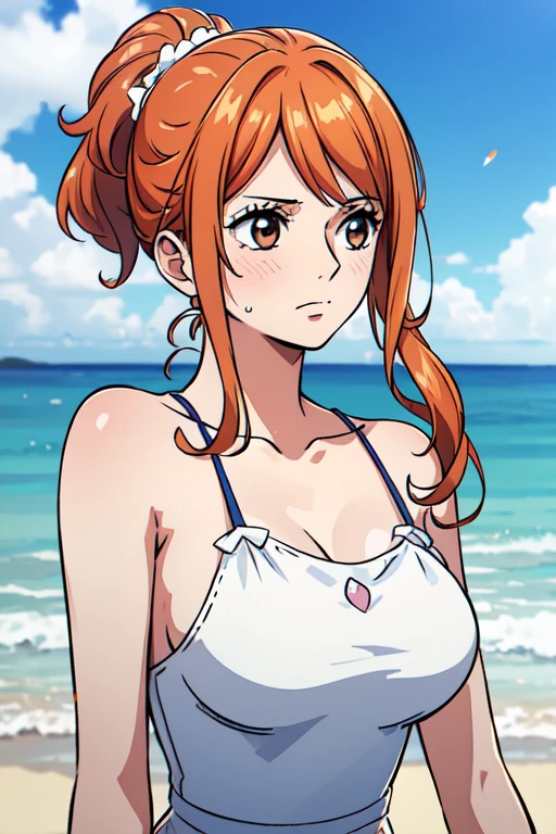 (masterpiece, best quality), ((1girl, solo, long hair)), Ishmael_limbus, innocence expression, bare arms, bare shoulders, bare neck, watercolor, sundress, liquid clothes, water, waves, water dress, blue_theme, night, mist, dark, sharp focus, sea, see-through dress, orange hair, (nswf:1.5)