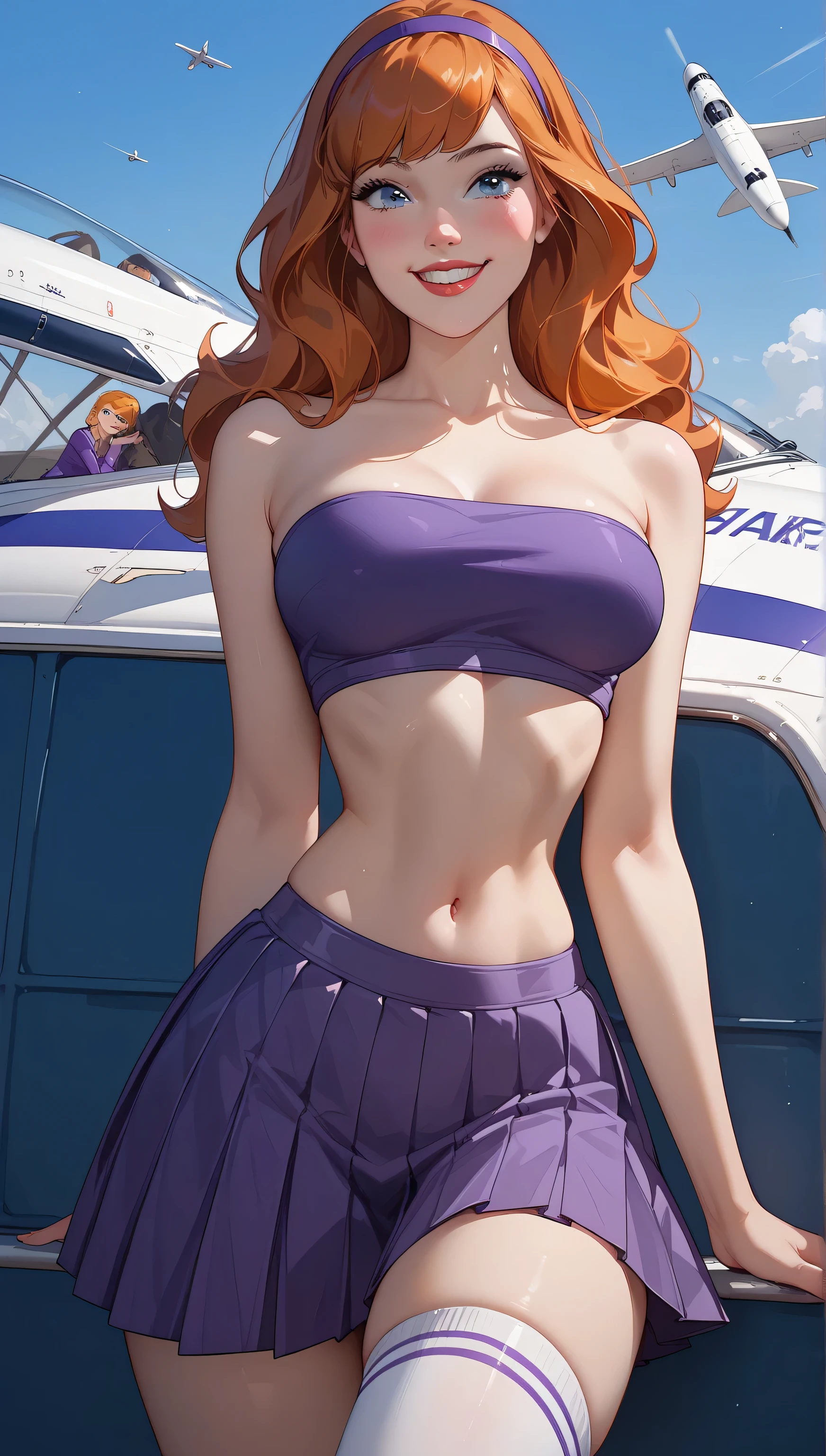 a girl, (20 years) Dafne Blake , (blue eyes:1.1), orange hair, long hair, blush, ( young), (beautiful), perfect body, (curvilinear), (big breasts), ( thick thighs ), slim waist
,
purple tube top , pleated skirt , purple miniskirt, midriff, white knee-high socks
,
of foot, legs separated, smiling, medium plane, looking at the spectator