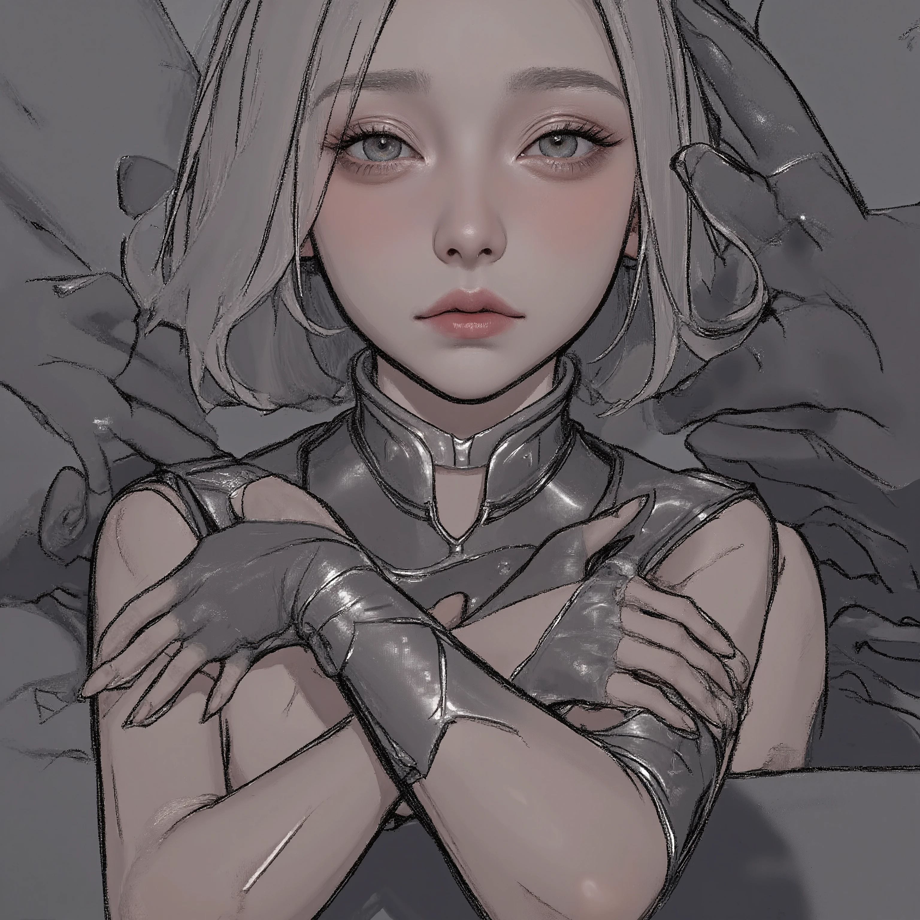 This is a realistic picture of a beautiful woman being held by a monster.
She is young and very cute.
She has clear white skin.
She has her hands outstretched.
Her legs are spread wide that her crotch is visible. She is standing.
monsters are grabbing her raised hands.
Monster is behind her.
she is wearing silver bikini armor. Her armpits are visible.
she is wearing battle boots.
she is crying with humiliation.
she is blushing her cheeks.