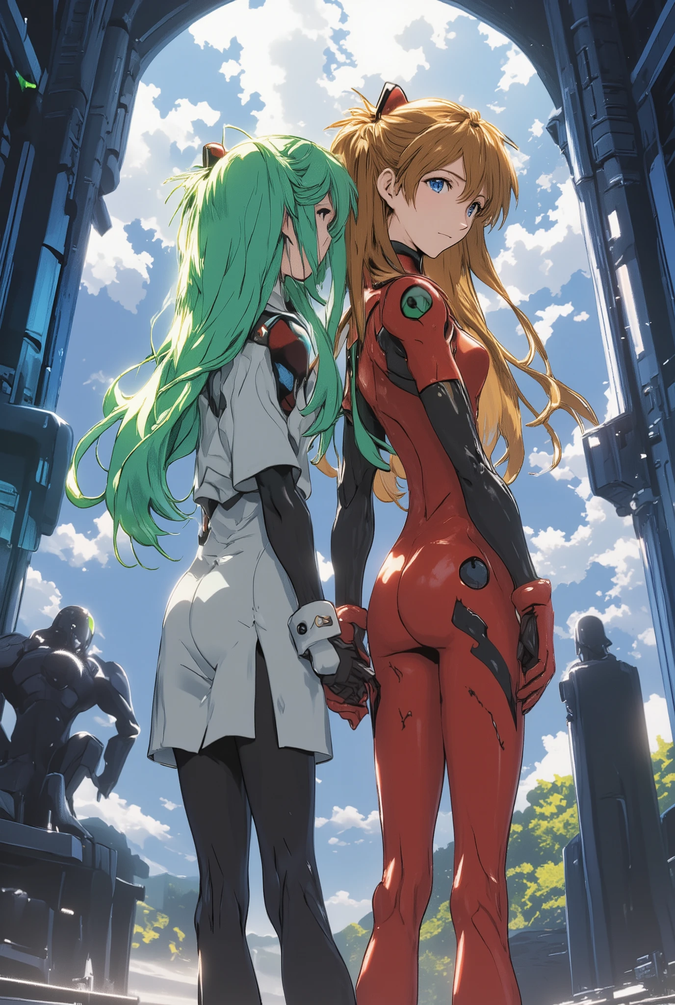 ( masterpiece、 top quality、 top quality、Official Art、 beautiful and beautiful :1.2) Hatsune Miku、light green twin tails, beautiful breasts,Hatsune Mikuとエヴァンゲリオンの Asukaのコラボ、 Asuka、Two girls are standing with their backs together、Beautiful harmony