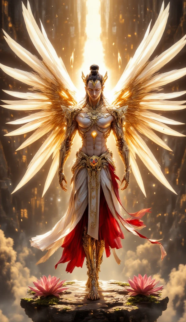 (Garuda 1, Garuda male human form) Red eyes, red body with muscles. Best anatomy: Red Garuda, Red Feathered Garuda, Big Red Winged Garuda. perfect wingspan Wear jewelry made from gold with Thai patterns. Gold jewelry decorated with diamonds on Garuda's head Wearing Thai cloth pants, Thai silk, red Thai pattern. Hands on hands and legs look like perfect birds. Hands, legs, feet are perfect. Stand on the ground, look straight, stand fully. The skin is the most detailed. The skin is red. The red feathers are the most detailed. Red eyes, best detail The best anatomical details, details, cloth, accessories, Thai warrior armor. Best Metal Details Best Weapons Best Weapon Details (Special details Masterpiece quality Realistic Photos(Ultimate Realistic Photos 8k,16k,32k) Maximum realism and best lighting details. Best light quality, best shadows World class photography studio (Best close-up view)(The backdrop of the Thai temple castle is extinguished with gold, silver, emeralds, diamonds, perfect. The background is sky, clouds, fog. It feels natural and realistic))