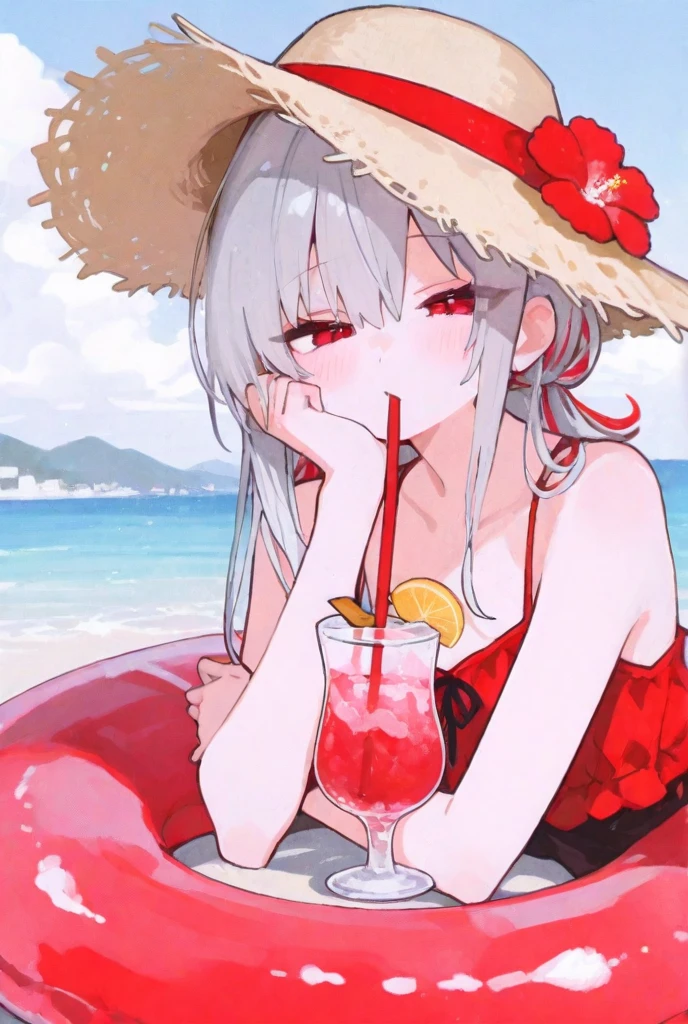 White hair,hugetits,Two-dimensional,red pupils,cat ear,Bikini swimwear,shylily,Hands on the chest,chiquita,coda,Be red in the face,blindfolds,solo person,Stand on one foot,Briefs,swim wears,