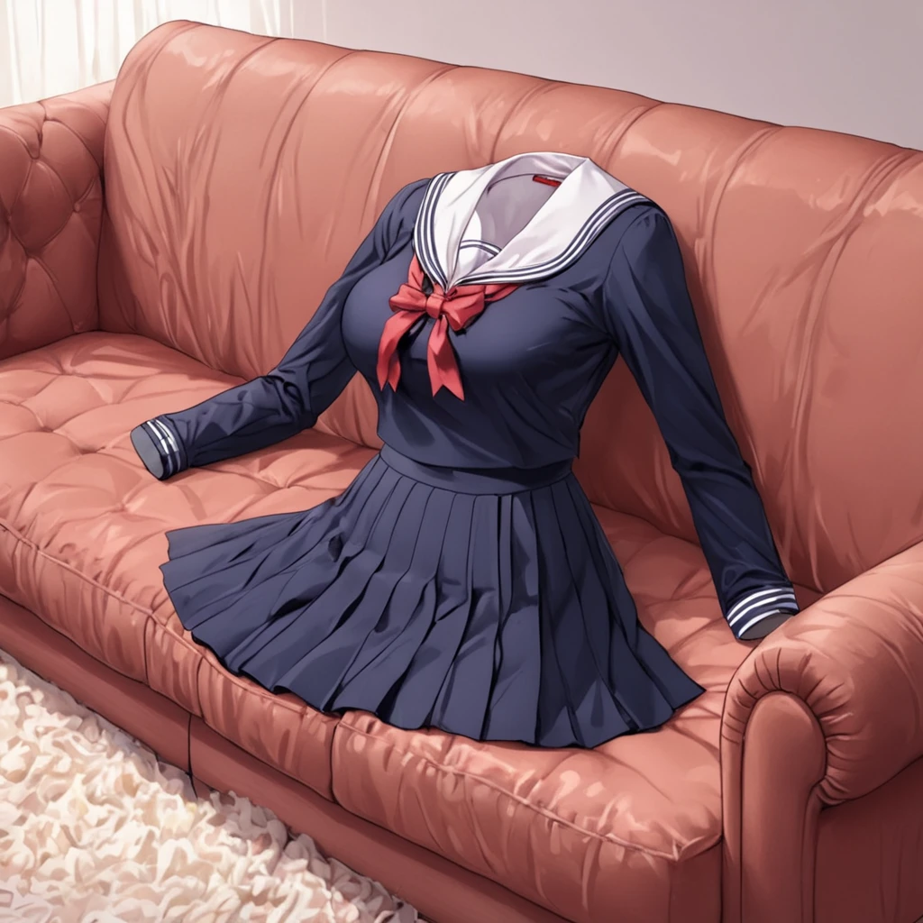 (invisible:1.5, no humans:1.5, headless:1.5, faceless:1.5), (sailor school uniform, long sleeve, on sofa:1.2), (big breast), detailed cloth texture, detailed anime, super fine illustration