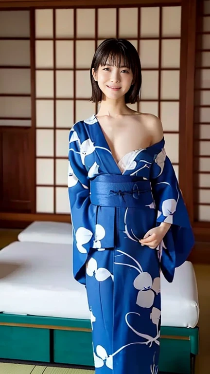 top-quality、超A high resolution、(Photorealsitic:1.4)、1人、inn、floral Yukata、Chest wide open、(White hair:1)、(huge-breasted:1.2)、looking at viewert、Bring your chest together、With his legs wide open、 (is standing)、a smile、Hands behind the head