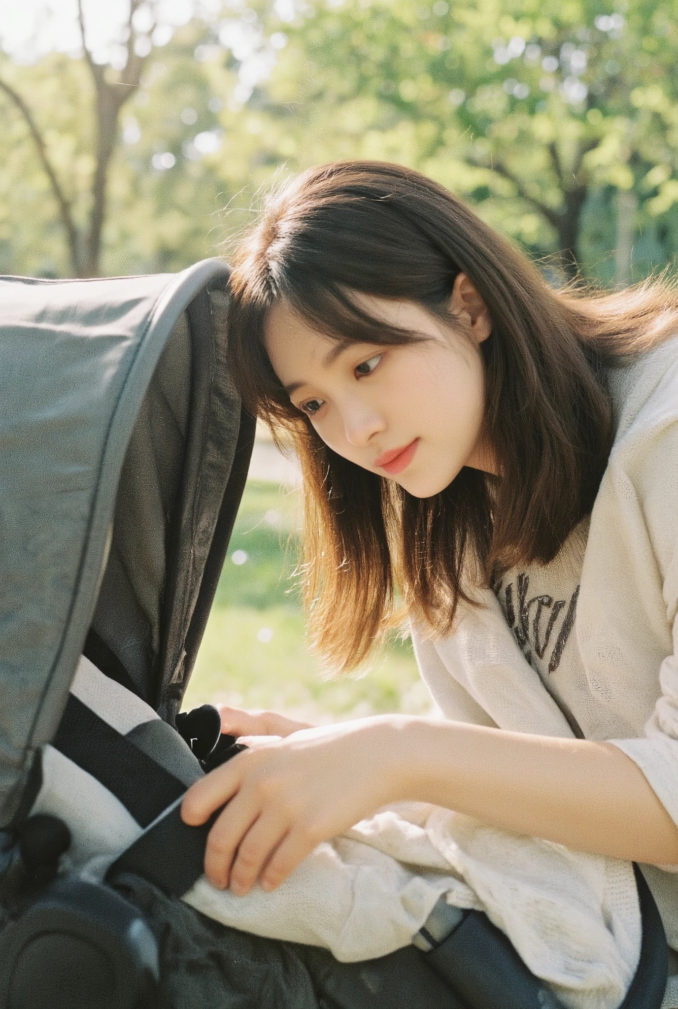 (best quality, masterpiece:1.2), 1girl, Asian woman, soft smile, long hair, looking into stroller, side view, casual outfit, in park, warm sunlight, natural lighting, heartwarming moment