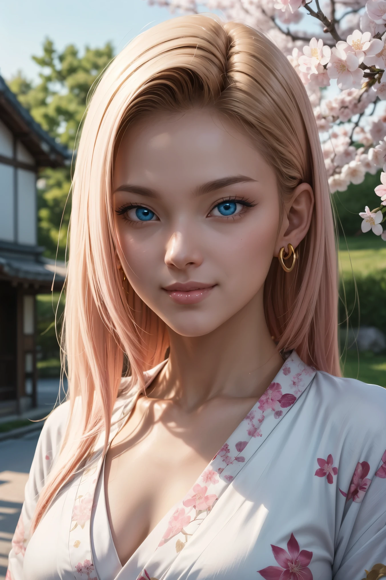 No.18,Dragon Ball Z,One-length hair,beautiful white blond hair, beautiful blue eyes ,PINK LIPS,white skin,in a sakura-colored kimono studded with beautiful gold leaf,smile,ultra-high image quality of processing,super quality,masterpiece,dslr,Photorealistic, Detailed Details,Vivid details,detailed,Detailed face, Detailed Details,Super Details,realistic skin texture, colorful candy room ,perfect anatomy,anatomically correct hands,Anatomically Correct Fingers,Complex 3D Rendering,Gold ring earrings,Mysterious cherry blossom blizzard,sunset,Beautiful Dusk,Beautiful Scenery of Japan,Hair fluttering in the breeze,Beautiful like a painting,takes pictures of Hirose's whole body,9 heads,