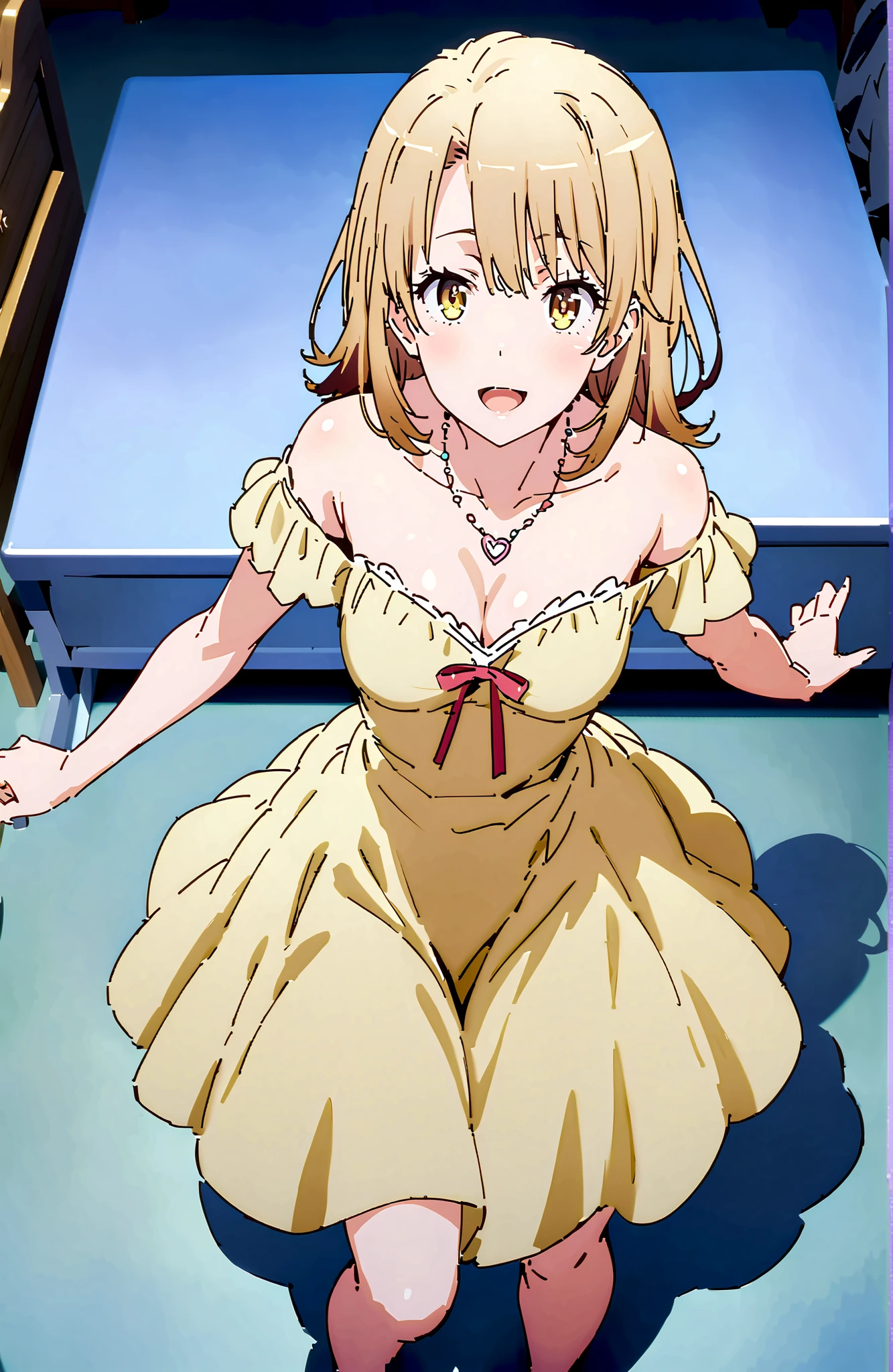 Irohaisshiki, Ishizaki Iroha,brown hair, brown eyes,
Yellow Off-the-Shoulder Dress,bare shoulder,Bare neck,Bare clavicle,heart shaped necklace,Medium breast,cleavage,Minnie Skirt Barefoot,blush,smile,open your mouth,Holding a bouquet of flowers with both arms,standing, Flower blowing snow,simple background hidden by clothes(pink),
break looking at viewer,full body,
break (masterpiece:1.2), top quality, high resolution, Unity 8k 壁紙, (illustrations:0.8), (beautiful detailed eyes:1.6), Highly Detailed Faces, perfect lighting on the table, extremely detailed CG, (perfect hand, perfect anatomy),