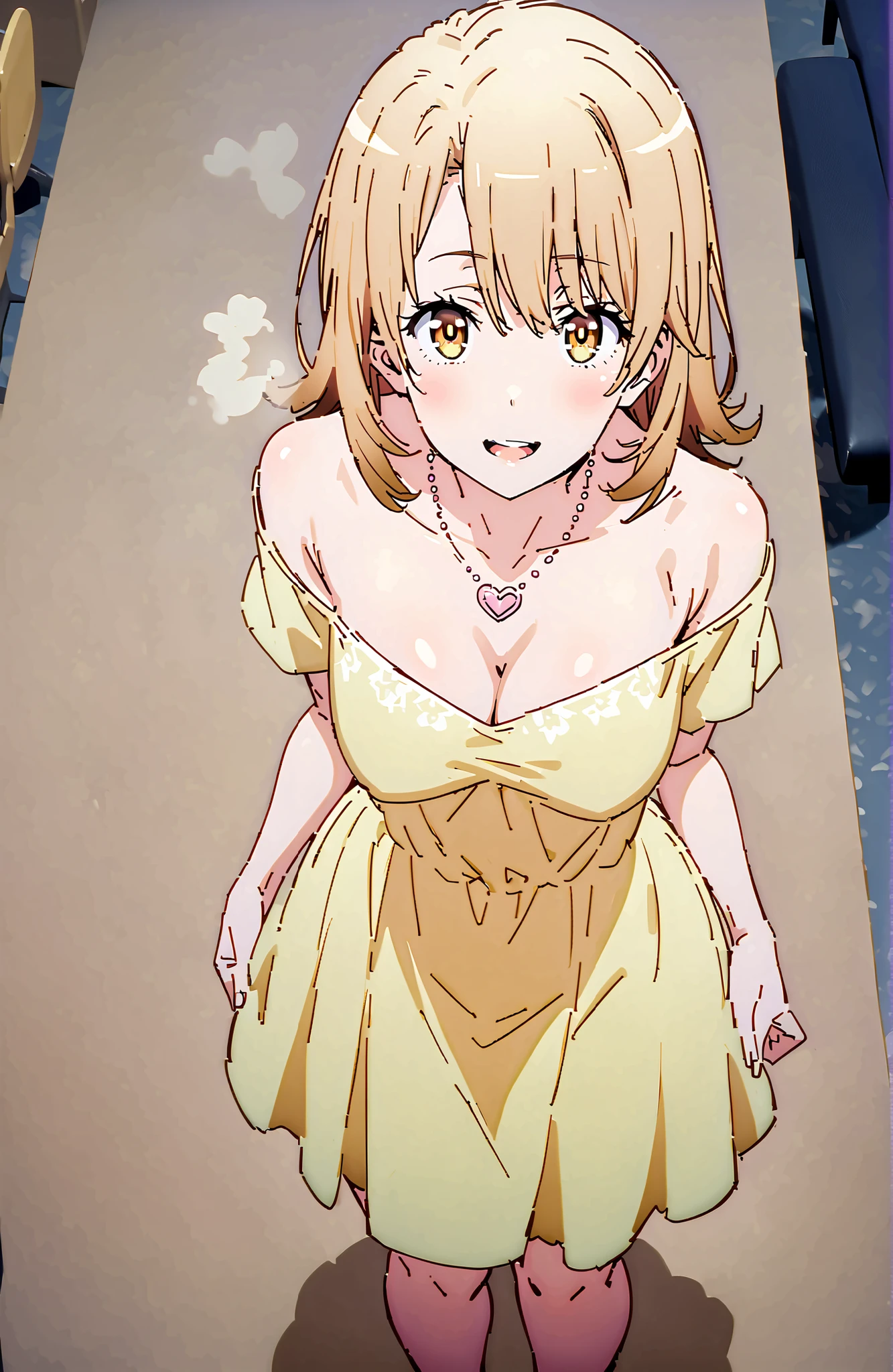 Irohaisshiki, Ishizaki Iroha,brown hair, brown eyes,
Yellow Off-the-Shoulder Dress,bare shoulder,Bare neck,Bare clavicle,heart shaped necklace,Medium breast,cleavage,Minnie Skirt Barefoot,blush,smile,open your mouth,Holding a bouquet of flowers with both arms,standing, Flower blowing snow,simple background hidden by clothes(pink),
break looking at viewer,full body,
break (masterpiece:1.2), top quality, high resolution, Unity 8k 壁紙, (illustrations:0.8), (beautiful detailed eyes:1.6), Highly Detailed Faces, perfect lighting on the table, extremely detailed CG, (perfect hand, perfect anatomy),