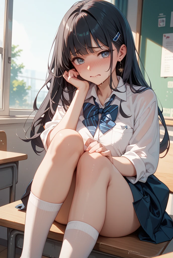 Anime girl sitting at a classroom desk with a blackboard, beautifulアニメのhigh school girl, cute anime girl, white pantiesー,cute, seductive anime girl, anime moe art style, squatbeautifulanimegirl, anime best girls, Smooth anime CG art, attractive anime girl, cotton panties,surreal , young anime girl、wear sneakers、white panties、full color、(muste piece、 best quality:1.2)、High resolution、high resolution、in 8K、🎁Live-action、Raw photo、highest quality、masterpiece、 extremely delicate、High definition raw color photo、professional photography、 wonderful face and eyes、超High resolution、Raw photo、beautiful、beautiful、beautiful girl、(solo:1.2)、 black hair、big 、blush、smile、big 、 、view audience、squat、(Crouching panty shots:1.2)、fully exposed panties、blush、shy smile、outdoor、outside of home、Obscene content、pornography、high school girl、sit with one&#39;s knees、sit with your heels on the ground、hold your knees with both hands、shins facing forward、body facing forward、sit with your heels on the ground、open legs、open crotch、white panties、8k photo、Live shooting、最high resolution、masterpiece:1.2、real、photorealistic、high contrast、photon mapping、Realism、Super detailed、professional lighting、Low - Angle:1.2)、(1 girl)、(solo:1.5)、(Height is 165 cm), (18才のhigh school girl), (Japanese high school uniform)、(summer blouse:1.2)、(plaid short skirt:1.2)、(white shirt with student ribbon:1.2)、(squatting down looking straight ahead)、(open crotch:1.2), (white panties:1.5)、(camel toe)、(white sneakers:1.2)、 (perfect proportions:1.2), (White panties are visible under the skirt:1.5), (The detailed shape of the female private parts is clearly visible:1.4), (have pubic hair:1.4), (textured skin)、I can see the cleavage、(8K、RAW photo、highest quality、masterpiece:1.2)、(realistic、Photoreal)、1 girl、from the corner of your eye１Tsu Mole、((white blouse、sailor suit、red tie、Below-the-knee length red checked pleated skirt))、（high school girl）、40 years、Skirt rolled up、gal、lots of eyelashes、glitter on eyelids、skeletally correct、thi