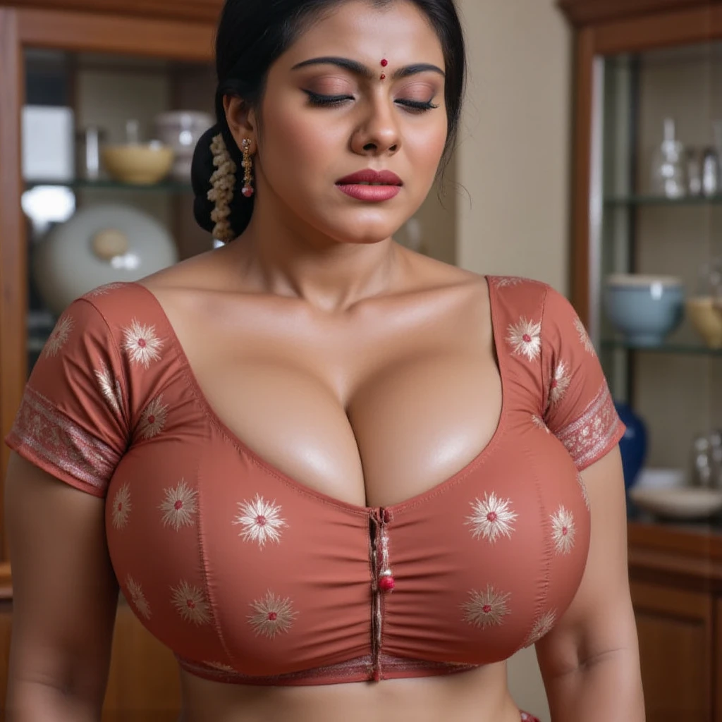 Sweaty Indian milf, showing giant soft breasts, nipples by opening the blouse front beautiful face, giant soft breasts soaked in sweat, open blouse, big , giant, erotic, seducing, saree,blouse, naughty facial expressions , indian traditional outfits, boobs valley, wide angle photography, prime lens cinematic, professional,