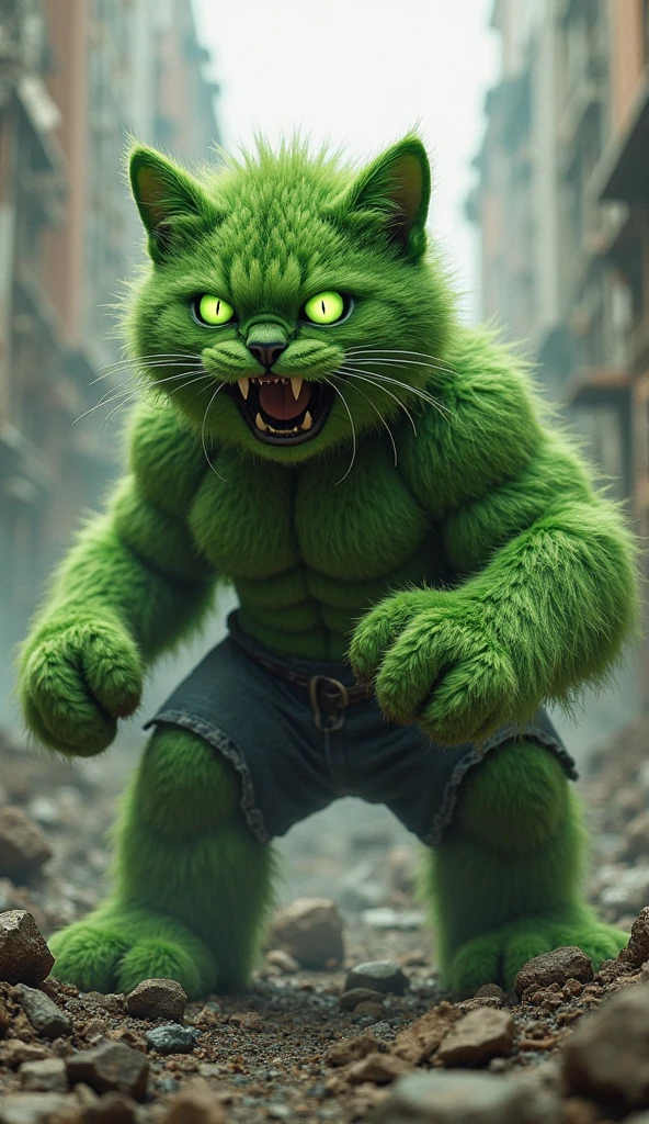 A fluffy green cat with oversized paws and glowing green eyes, mid-roar, fur spiked and messy, standing among rubble and broken buildings, dynamic action pose, smoke and debris around, inspired by the Hulk