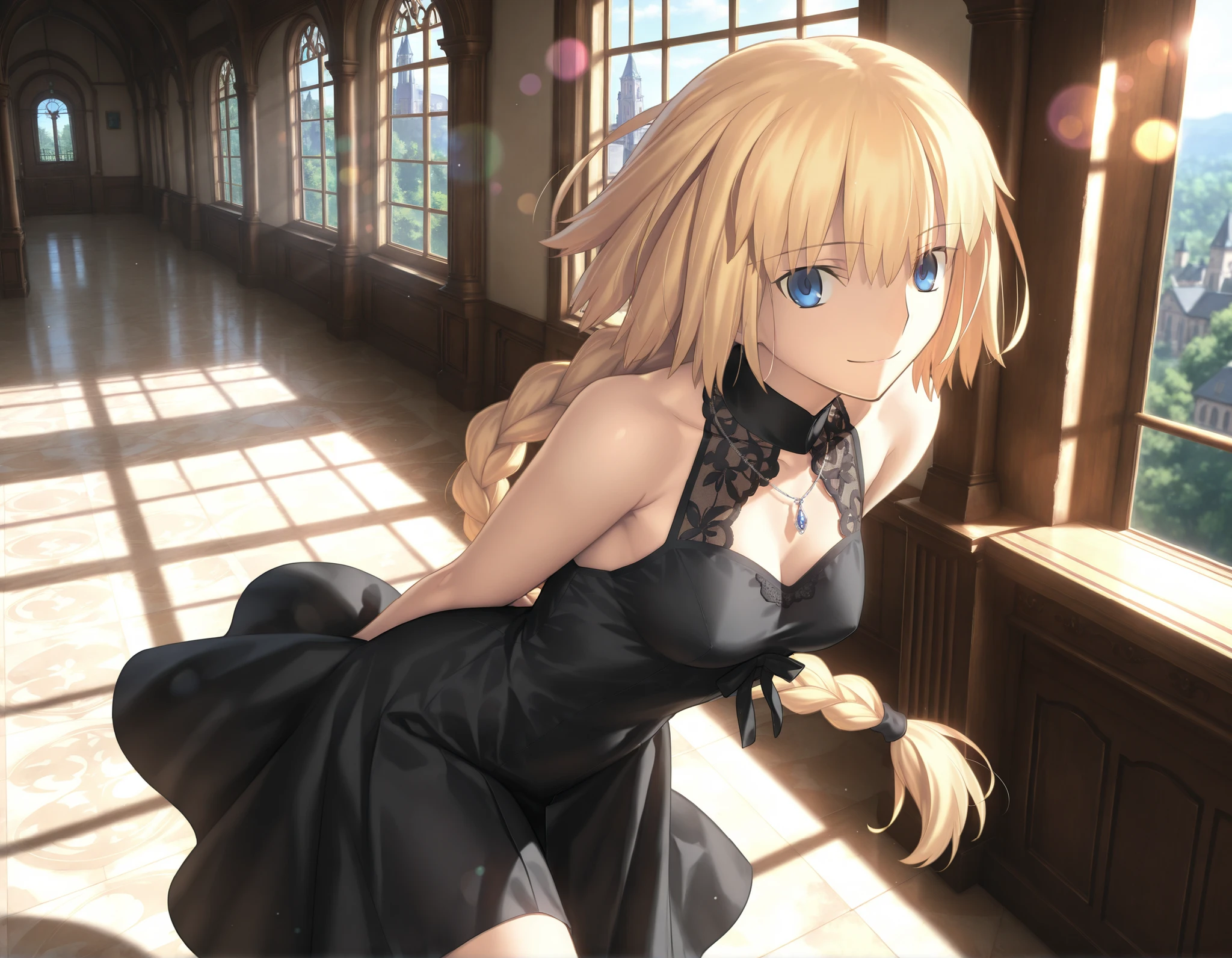 masterpiece, , absurdres, highres, detailed background, high resolution, masterpiece, necessary, detail, best quality, quality, necessary, details, High details, Precise, indoors, (dappled sunlight), european architecture, day, lens flare, blurry background, from above, ,solo,
1girl, , Takeuchi Takashi (type-moon,tsukihime) style, takeuchi takashi style, ((leaning forward, arms behind back)), light smile ,necklace,
tall girl, mature, jeanne d arc, \(fgo\), blue eyes, , jeanne d arc, blonde hair, medium hair, ( floating hair ), (black lace dress), big braid, single braid, small breasts, looking at viewer, bare thigh ,