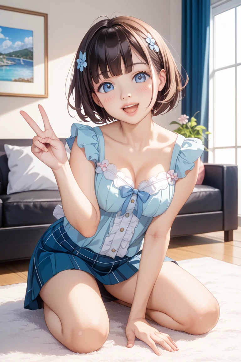 High quality, masterpiece, ultra-detailed, pink frilly dress, headress, bows, 1girl, solo, on bed, many balloons, short hair, enchanting blue eyes, ridiculously large breasts, shiny skin, nipples, knees up, white panties, m legs