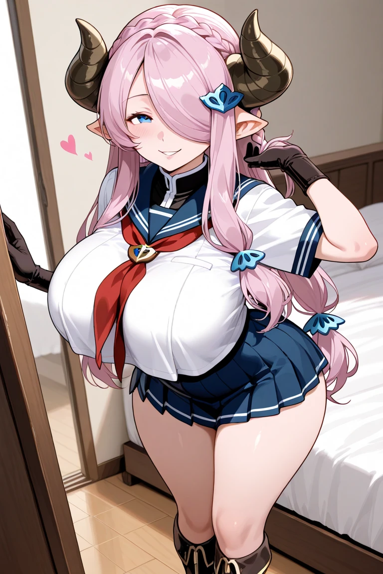(melhor qualidade, obra-prima), 1Meninas, (corpo BBW), (cabelo roxo), (pigtails), (elf), Feliz, corada, rechonchuda, Fofa, emphasis on the thighs, Pose sexy, seios grandes, hands on breasts