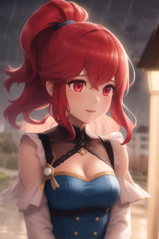 woman with short red hair, tomboy, alluring figure, volumptious body, skimpy clothes, lustful gaze, happy smile, expecting eyes, mouth open, fit body, pirate clothes