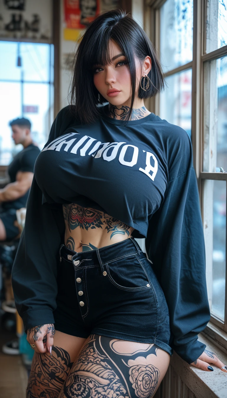 there is a woman posing in a dark room with a maroon top covered her belly and long red skirt, thick body, beautiful thick female, wide hips, thick legs, she has a jiggly fat round belly, thick thighs, curvy hourglass figure, thicc, curvy model, widest hips, hyperrealistic full figure, bbwchan, voluptuous body, thick, tattooed body, tattooed hands, tattooed arm, ((Chubby woman:1.lump woman:1.3)), full body , ((Detailed texture of tattooed skin)), tattoo round breasts, irezumi tattoo style, tattoo on breasts, tttattoo, showing her thigh , tattoo on thigh, a close up of a woman with tattoos on her body, inked, tattooed body, fully tattooed body, tattooed, full-body tattoos, full - body tattoos, , full body tattoo, with tattoos, , tattoos, tattoos all over the skin, tattoos and piercings