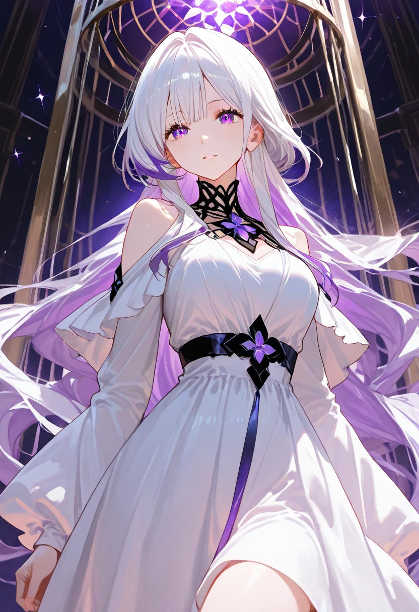a women, white hair, purple eyes, white dress