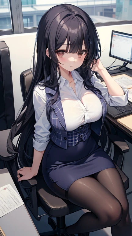((1 girl,))japanese,,nsfw,, blown long hair,,glamorous、
,Office Lady,in ofice.sitting in a chair