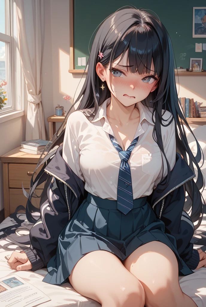 (8k、Best image quality、highest quality、masterpiece)、Detailed face、One girl、Black Hair、Long Hair、Diagonal bangs、Earrings、Grey Eyes、Expressionless、Large Breasts、((White shirt))、((Unbutton the neck))、((cardigan))、cleavage、((Black pleated skirt))、((micro miniskirt))、((white buggysocks))、loafers、sitting、knees up、Gym storeroom