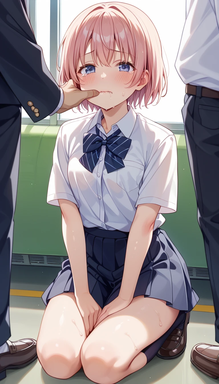 crowded train、(She is standing on her knees in front of a middle-aged man.)、get down on all fours(leaning forward)、~ ~ ~ side、bright blonde、~ ~ side up hair、high school girl、blush、shy、thin、Muchimuchi、日本のhigh school girl、8k、dramatic lighting、Very delicate image quality、dislike、thighs、white socks、put one'lay hands on a man'waist、open shirt、I can see your underwear、(~ ~ side view)、sweaty、((she sucks the guy'penis of))、mini pleated skirt、s old、close、thick legs、hold cock in hand、(Blowjob)、she sucks the guy'erect cock、masturbation、sweaty、Drool、Upper grade、drink semen、mini skirt、Wearing a cardigan around his waist、bracelet、loose socks