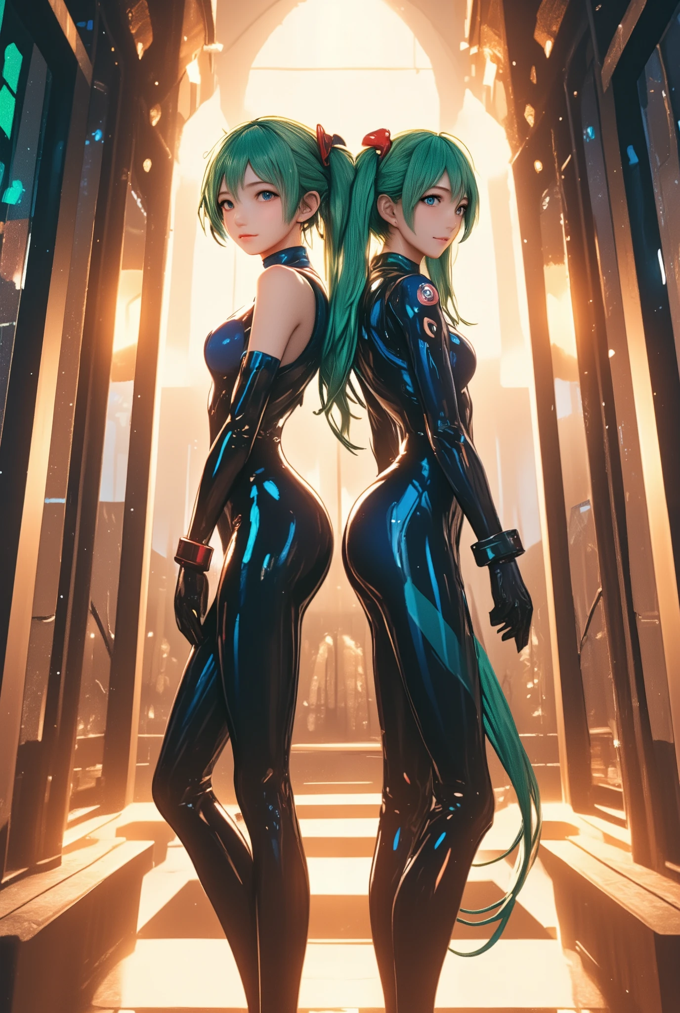 ( masterpiece、 top quality、 top quality、Official Art、  beautiful and beautiful  :1.2)  （Hatsune Miku、light green twin tails, beautiful breasts）,Hatsune Mikuとエヴァンゲリオンの綾波レイのコラボ、Two girls are standing with their backs together、Beautiful harmony 、The soft and warm lighting illuminates the display、