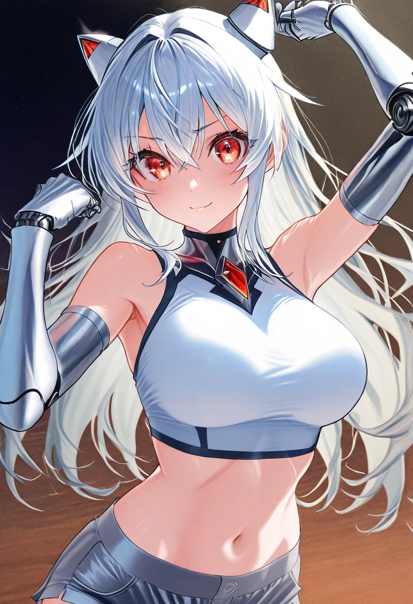 Silver long hair、Red eyes、woman、美しいwoman、Large Breasts、White Machine Skin、The whole body of the machine、Mechanical joint、The machine's body is entirely red and white.、sword、A revealing red and white Chinese dress、A Chinese dress that shows off her cleavage、chinese style background、indoor、During sexual intercourse、On the bed、orgasm、Ahegao