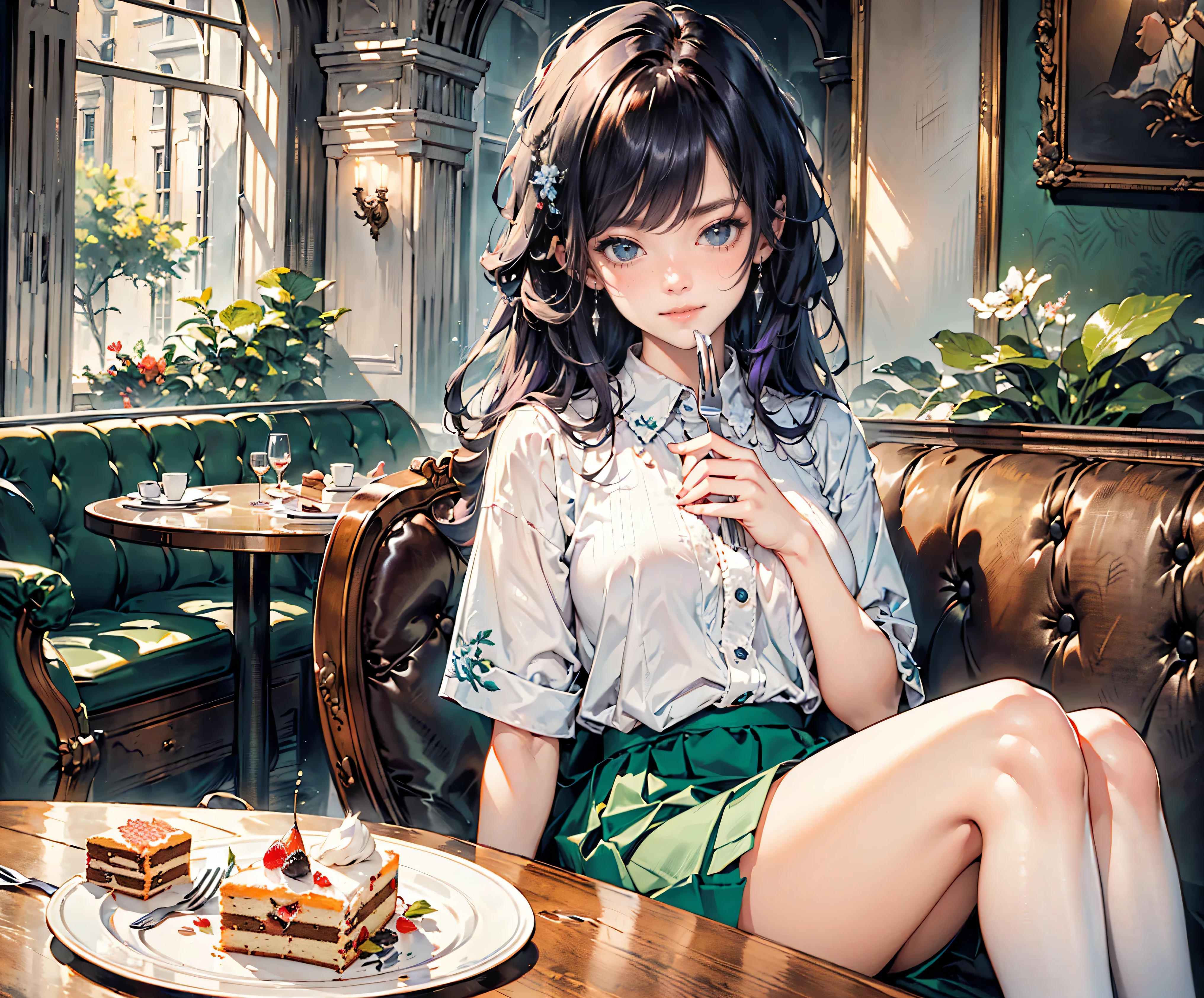 Top quality, 8K, best quality, masterpiece, ultra-realistic, ((high school girl with odd eyes)), ((heterochromia, red eyes, green eyes)), ((sparkling, detailed eyes)), (very narrow eyes)), ((crystal eyes)), (long platinum and purple hair), princess cut, ((translucent, shining white skin)), sparkling skin, very white skin ((very small breasts)), (anatomically accurate), ((correct number of fingers)), ((detailed down to the fingertips)), ((wearing a silk dark green blouse with floral embroidery)), ((indigo blue flared skirt)), ((sitting at a cafe restaurant eating cake from a white plate on a table)), ((cake on a plate on a table))), ((eating cake skillfully with a fork)), ((knee-length stockings, detailed down to the fingertips, smiling, very beautiful.