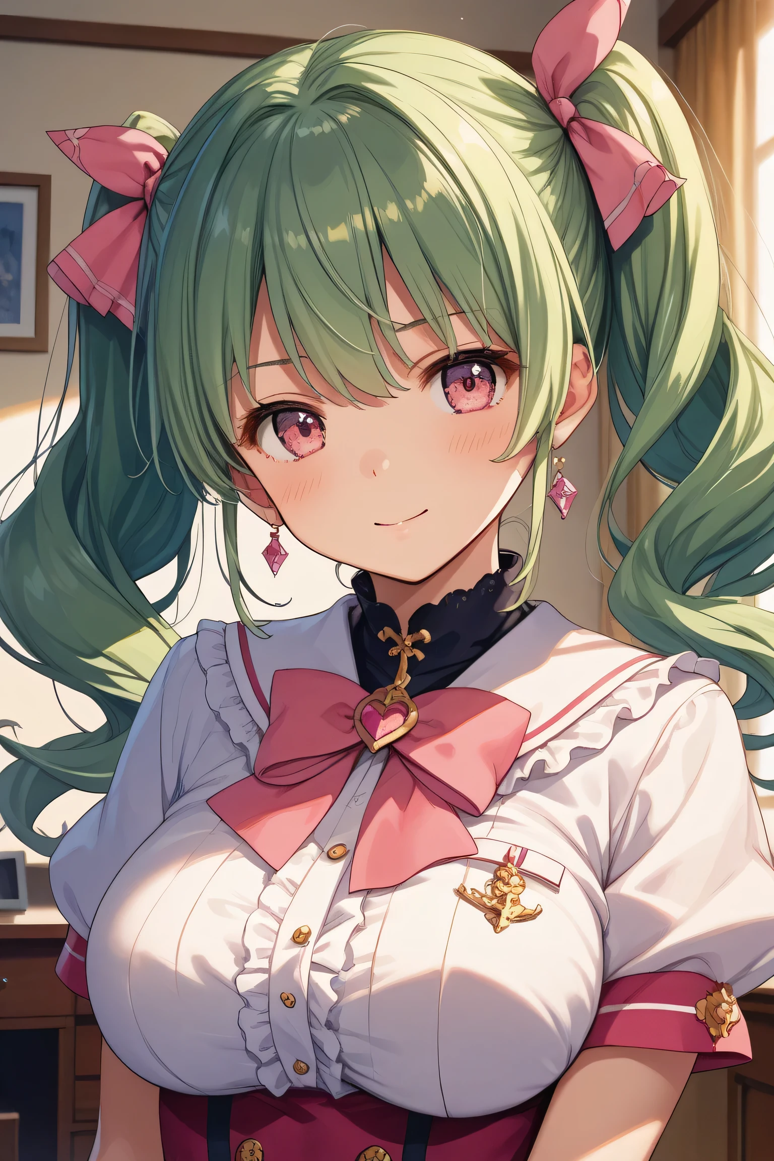   masterpiece,amazing quality,best quality,ultra-detailed,8K,illustration,CG,1girl , green hair, twin tails,pink ribbon,笑顔,large bust,ピンクのラインが入った白いsailor suit,白のミニスカ, pink eyes,太もも,白のハイヒール,