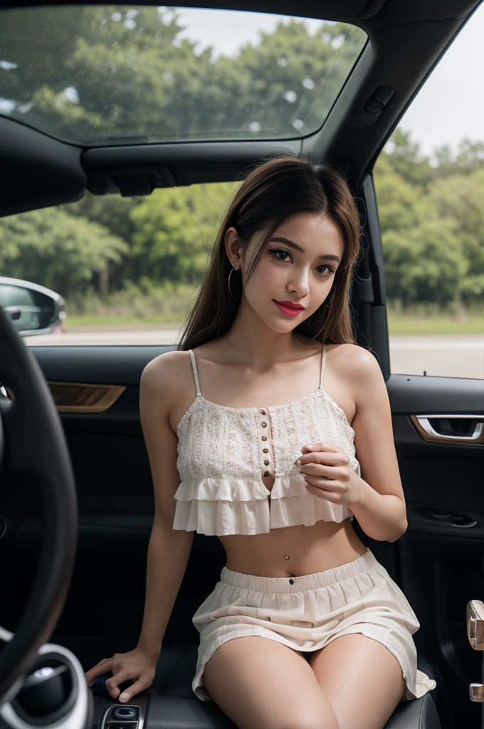 25 year old girl, Solo, long hair, big breasts, Looking at viewer, black hair, Bare shoulders, brown eyes, full body, off shoulder, white short shirt, Lips, reality, Nose, Flirting in front of the camera , Relaxed facial expression, feminine posture, flower decoration, summer outfit, peaceful atmosphere, happy atmosphere, sitting and posing in the car with the driver's door open, surreal