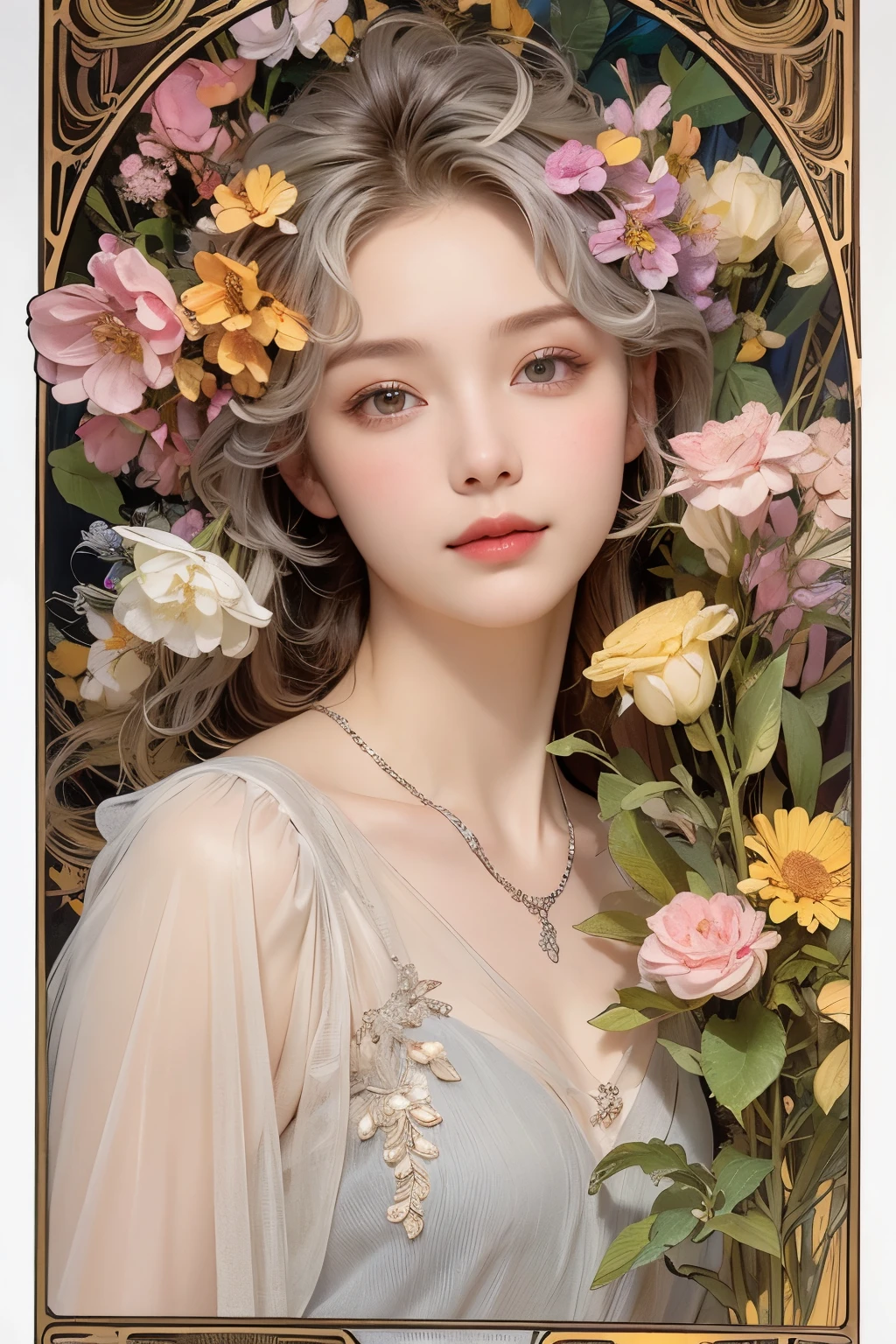 (Oil painting of a beautiful woman), rough touch, focus on face, striking portrait, (calm, gentle and bright small smile), ((medium-long almost straight silver-gray blonde hair)), (close-up), shiny skin, glossy lips, (casual spring-like outfit in pastel colors), (smart figure), small necklace, soft spring sunlight, small spring flowers of various colors, young leaves on trees, use of contour lines, clean line drawing, fine and precise details, bright primary colors used partially as accents, fine and precise details, muted colors, floral frame, Art Nouveau style decoration, (Alphonse Mucha style composition), masterpiece!, amazing!, beautiful!, wonderful!,