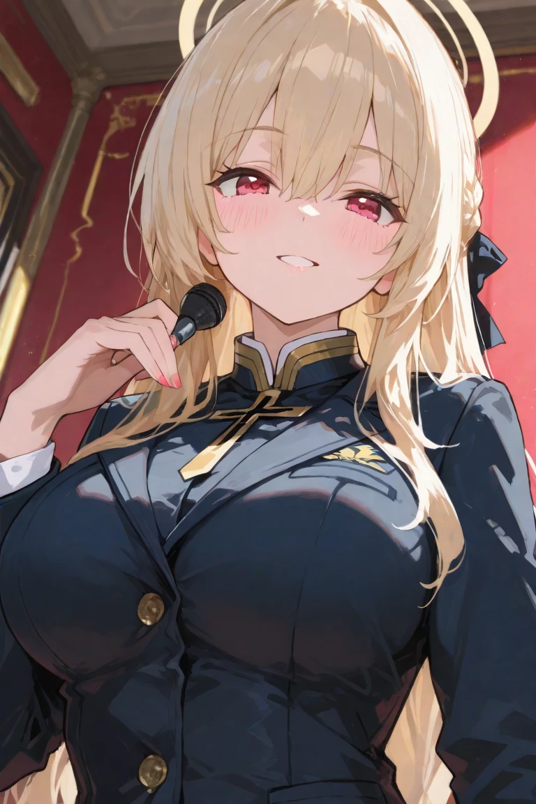 (solo)、(40 years old femal)、lady,(blonde hair:1.0)、(shiny red small eyes:1.1)、(highponytail:0.9)、(long hair:0.6)、(A small red ribbon in her hair:0.8)、middle breast:0.8、dark blue blazer uniform、white mini skirt,cowboy shot,sun lighting,indoor,half-closed eyes,A smile of determination:1.1,Hold up the index finger of one hand near your mouth,dynamic angle,