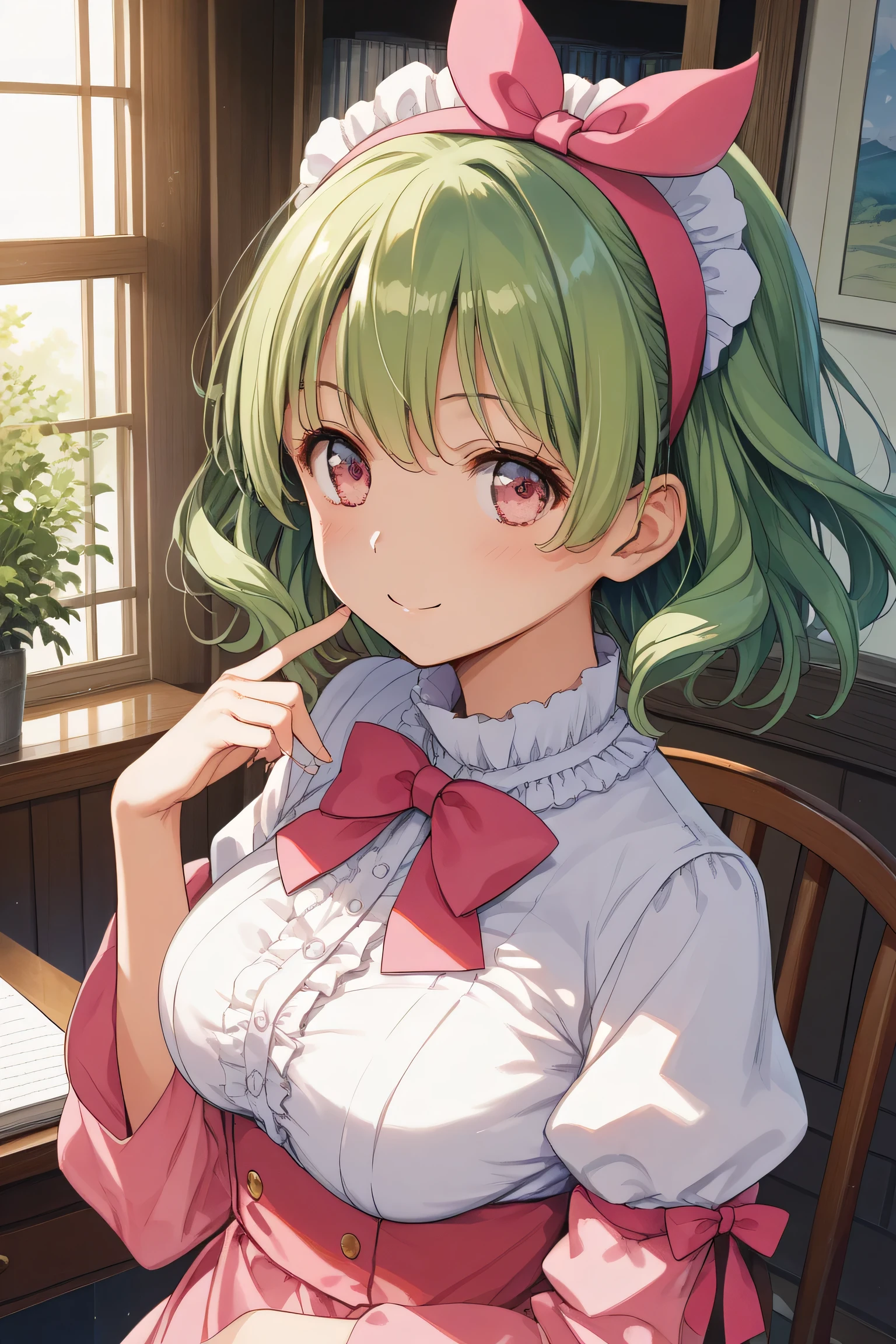 masterpiece,amazing quality,best quality,ultra-detailed,8K,illustration,CG,1girl , green hair, ツインテール,pink ribbon,笑顔,large bust,ピンクのラインが入った白いセーラー服,白のミニスカ, pink eyes,太もも,白のハイヒール