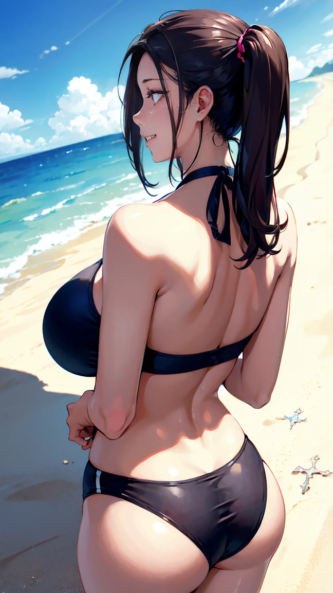 ((Highest quality、masterpiece、8K、Realistic、超High resolution、Very delicate and beautiful、High resolution、Cinema Lighting))、hourglass figure:1.6、At the sea in the moonlight、((A woman is combing her hair:1.6)), ((look back:1.6)), She has long hair、The hair is wet with water drops。(Fascinating swimwear design:1.8、Drops of water glisten on her back)。In the background you can see the clear blue sky and the moon.、The surface of the water is undulating、shining brightly。The woman's pose is natural and relaxed.、The overall atmosphere is like a refreshing summer day.、Big Breasts