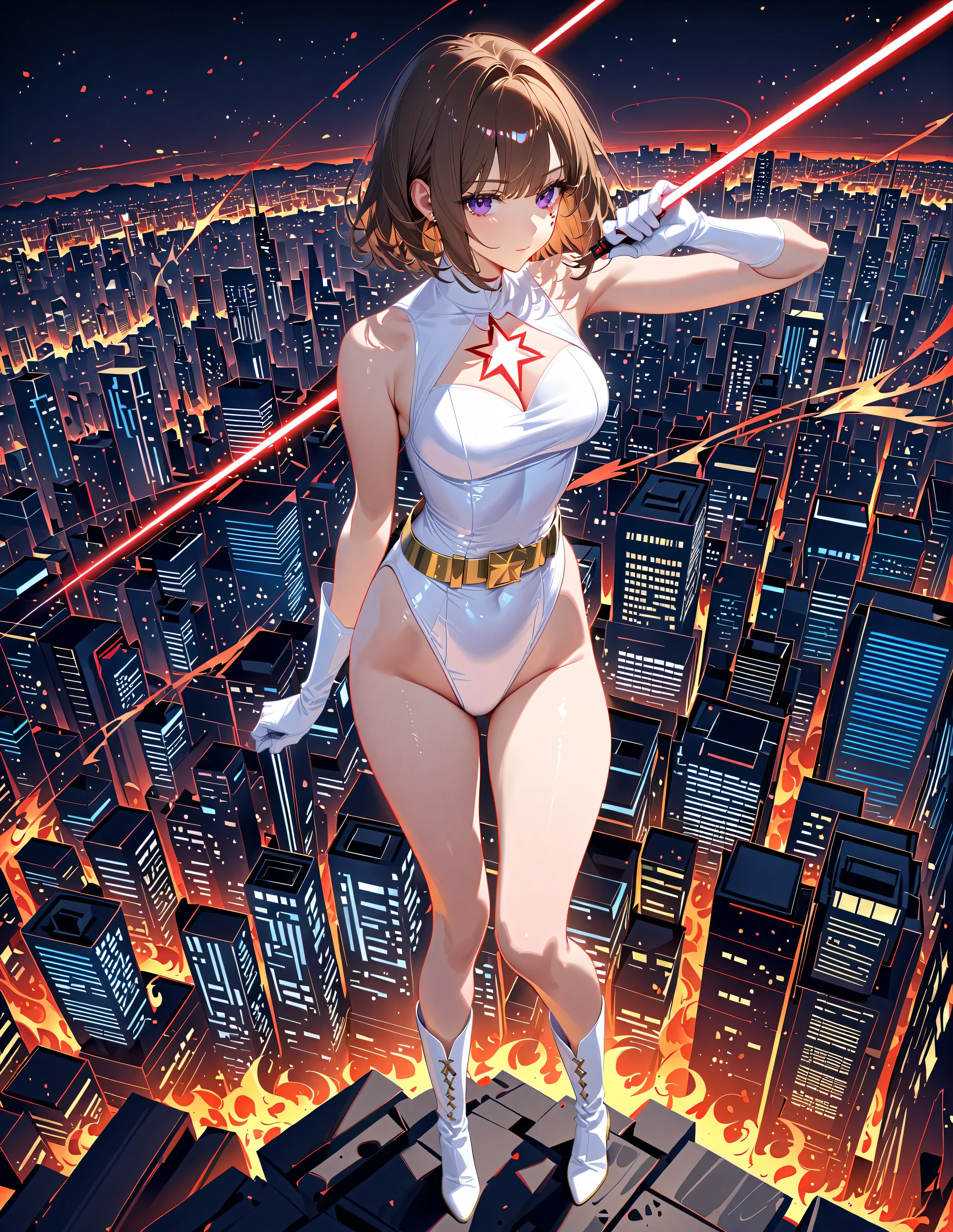 (masterpiece), (top quality), (high resolution), Medium Chest, ((leotard, white and red leotard, matching leotard, sleeveless top with p, Bare legs)), (([Belt tightening,  Gold Belt)), ((boots, matching boots, ankle-high boots, white boots)), ((gloves, white gloves)), city background, tokyo city background, solo,  single, standing, (full body), cowboy shot, Superhero, ((beautifully detailed eyes)), (( gold star mark on chest )), (brown hair,  medium hair, bob hair, purple eyes), (perfect hand, perfect anatomy), cowboy shot, Superhero, ((beautifully detailed eyes)), ((Fire a red laser through your eyes)), full body costume design.