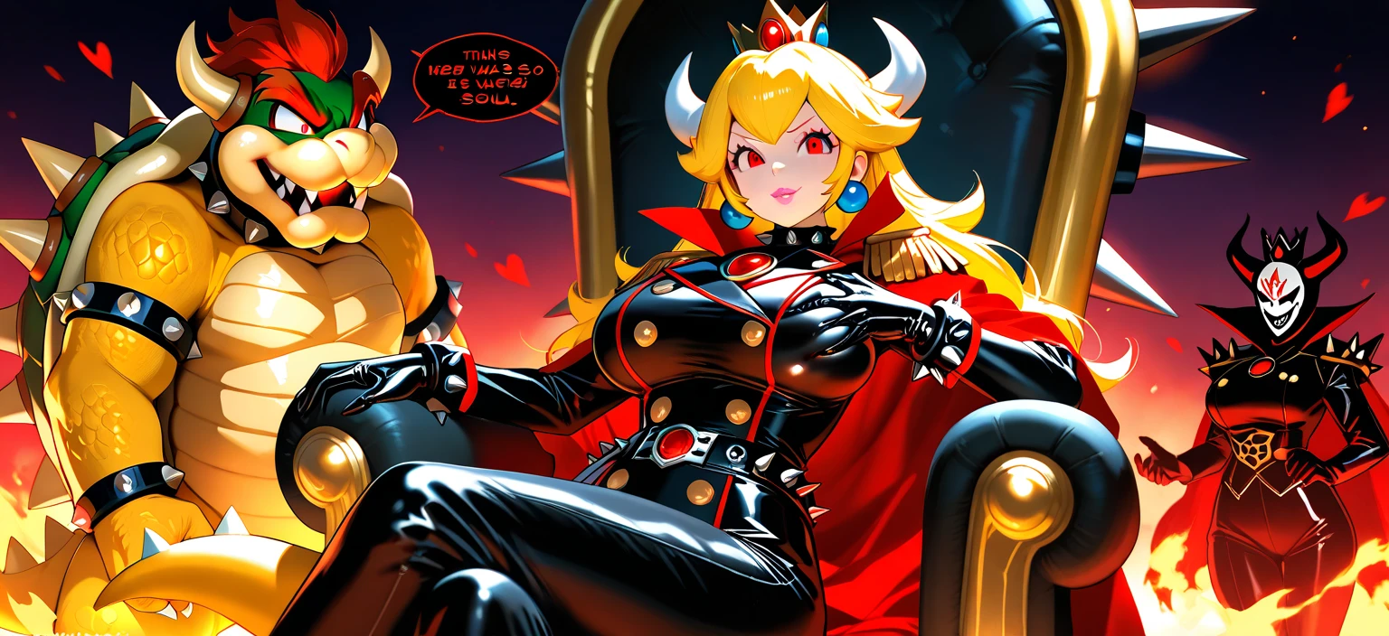 nsfw, cartoon, (solo evil fall princess peach), shadow queen, bowser peach, hellraiser outfit, (official art:1.4), amazing fine details, all intricate, gloss and shiny, awesome many layers, 8k wall paper, sketch, illustration, weird hair, boots, high heel boots, high heels, (solo, solo focus, ) +++,thigh boots, thighhigh boots, blonde hair,evil red eyes, fingerless gloves, gloves, tight clothing, evil grin, spiked bracelet, spiked armlet, spiked thighlet, spiked platform boots, spiked collar, belt, bangs, skintight, milf, full body, curvy, voluptous, chubby, big breast, (((((evil, dark persona, corruption, evil fall, bad end, )))), contrapposto, bimbo, wet pussy, areolae, piercing, blond hair, spiked armlet, earrings, dynamique pose, gyaru, bowser tattoo, slavegirl, chains, fishnet shirt, spiked ring, (intricate details:1.12), (intricate details, hyperdetailed:1.15), hdr, dungeon, (at night:1.2), fireplace, warm light, dramatic light, cinematic,creepy dungeon, dark aesthetic, goth aesthetic, creepy, ominous background, dark atmosphere, death atmosphere, green and red atmosphere, evil dungeon background, gothique
