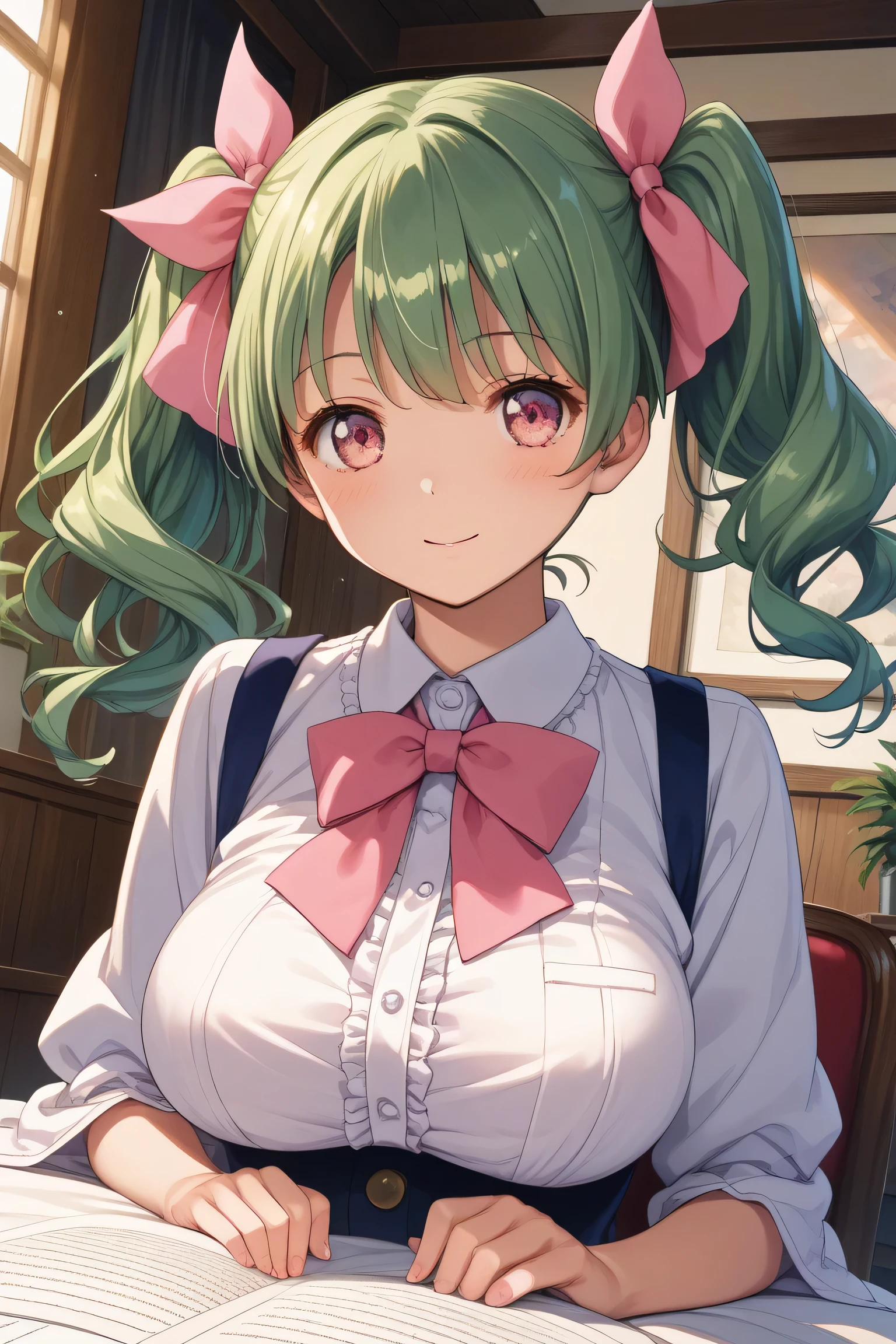   masterpiece,amazing quality,best quality,ultra-detailed,8K,illustration,CG,1girl , green hair, twin tails,pink ribbon,笑顔,large bust,ピンクのラインが入った白いセーラー服,白のミニスカ, pink eyes,太もも,白のハイヒール,