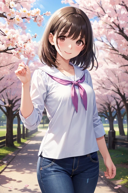 One female、brown hair、curly hair、blue eyes、white t-shirt、navy colored pants，Holding a cherry blossom branch，in the background, Cherry blossoms are scattered along the beautiful row of cherry blossom trees.，she is a kind person, cute, Slender pretty girl、big breasts、high resolution、super resolution、perfect lighting、８K