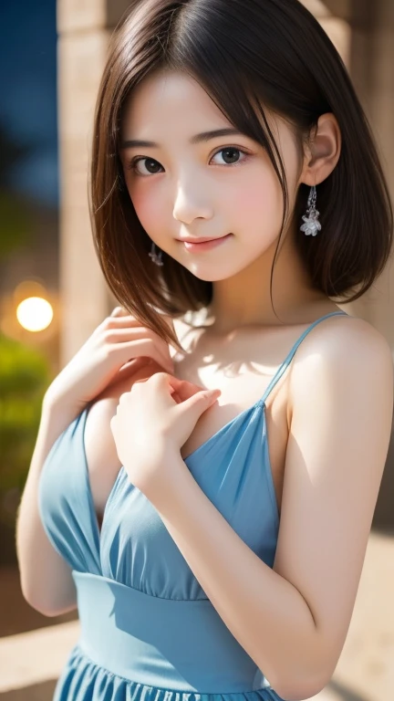 table top, highest quality, 8k, 8-year-old, teen, RAW photo, absurd, award-winning portraits, smile, alone, (night:1.8), idol face, delicate girl, Upper body, Digital single-lens reflex camera, looking at the viewer, Frank, Sophisticated,thin arms, professional lighting, film grain, chromatic aberration, (Eye and face details:1.0), (Bokeh:1.1) , (A neat and clean dress:1.1) , close your mouth , black haired , drooling eyes , breasts of average size